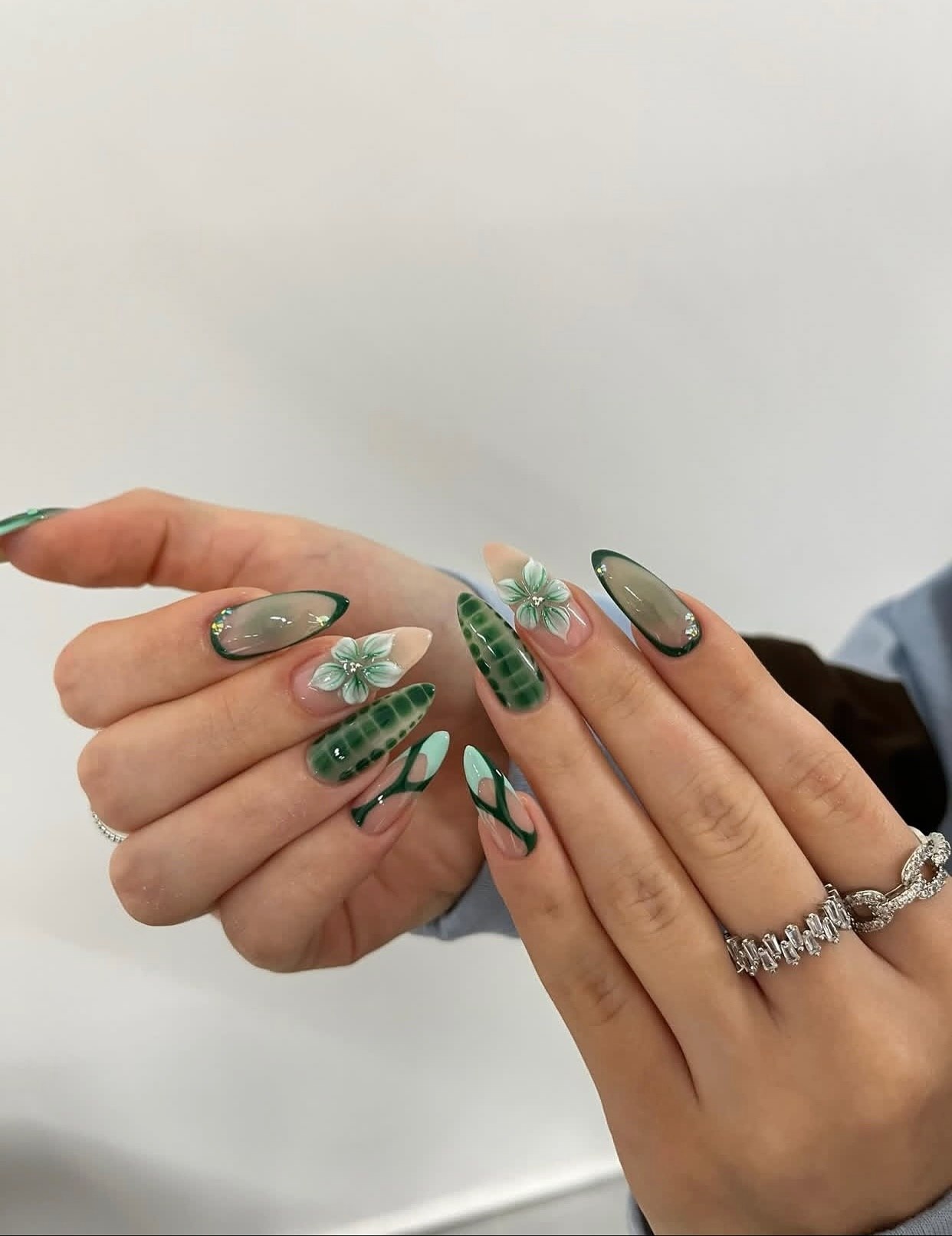 Emerald Green Crocodile Aura French Tips