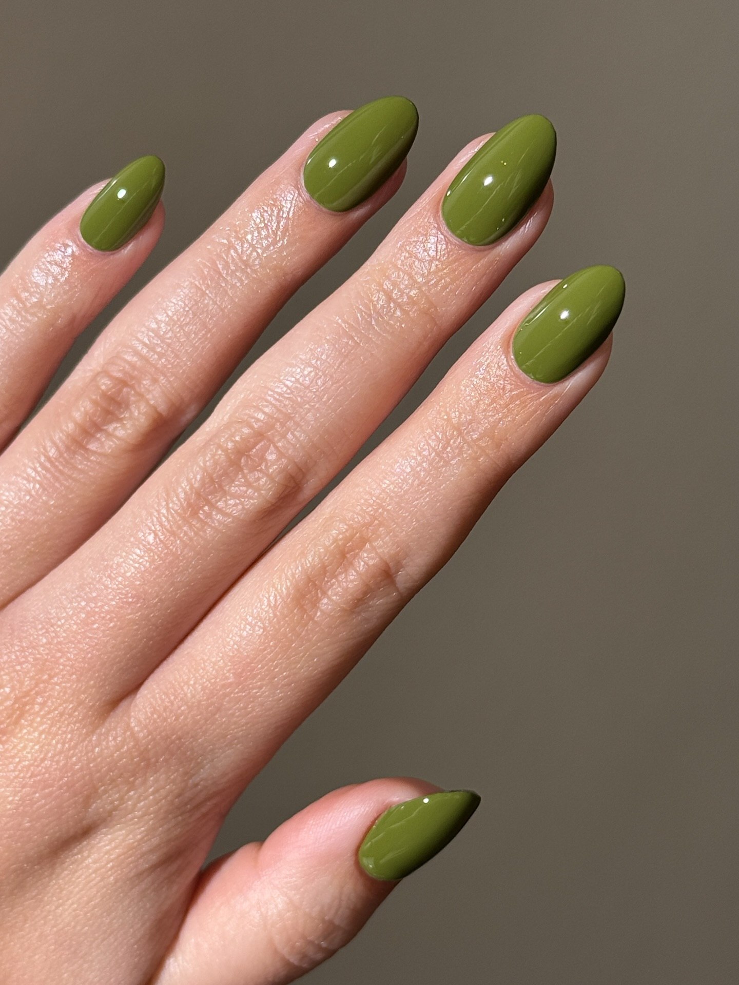 Olive Green Oval Glossy Nails