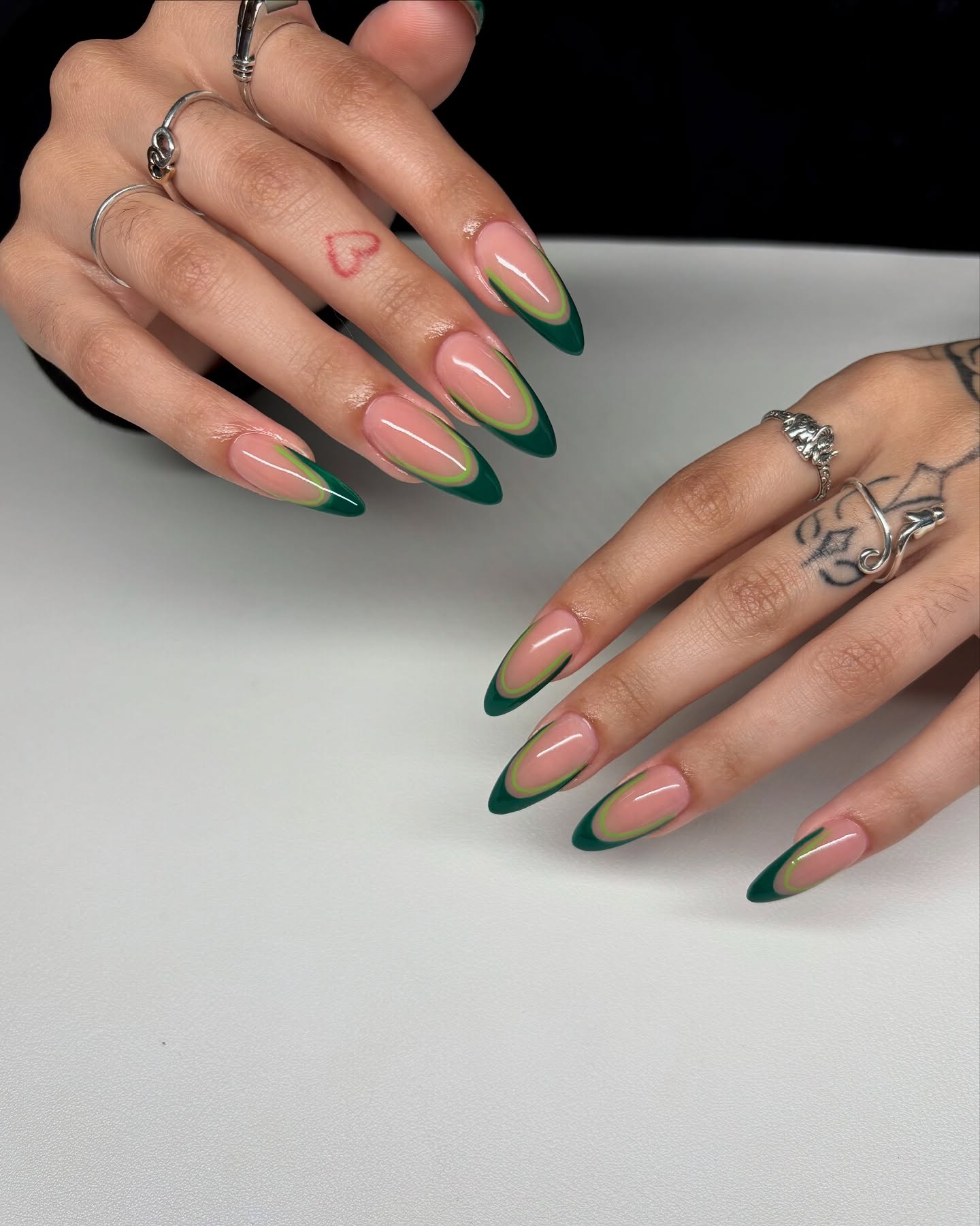 Emerald Green Double French Almond Nails
