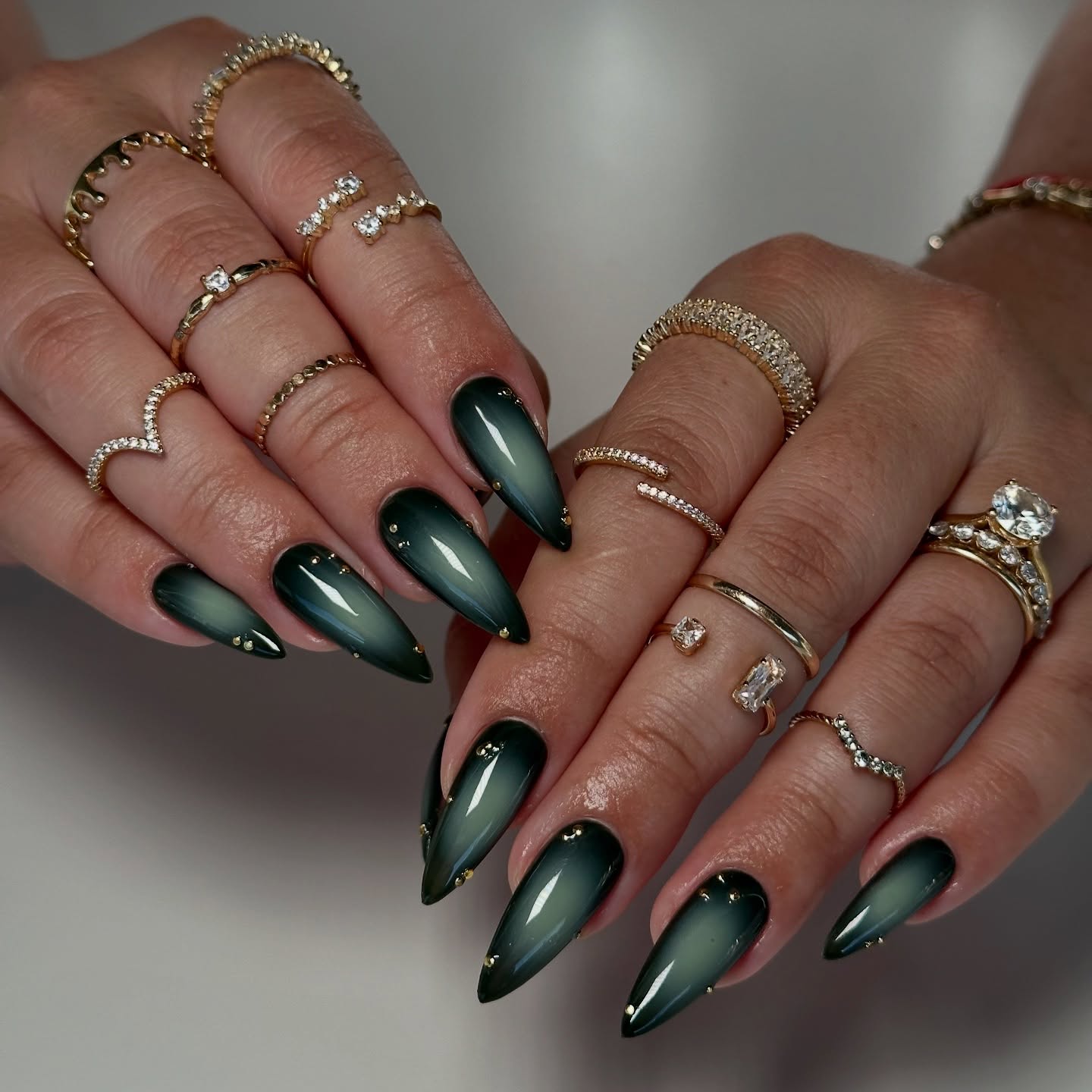 Deep Forest Cat Eye Ombre Stiletto Nails