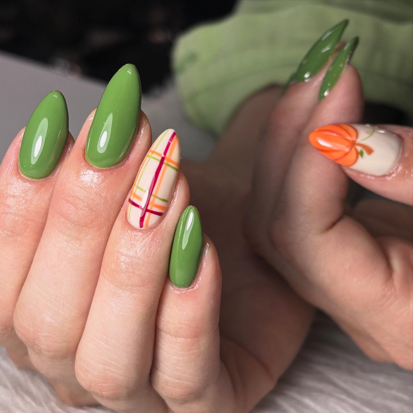 Enchanted Forest Plaid Pumpkin Almond Nails