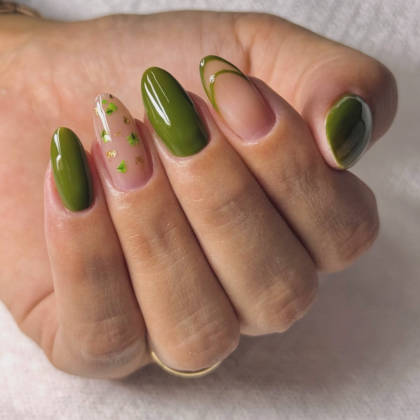 Olive Green French Tips with Gold Foil Accents