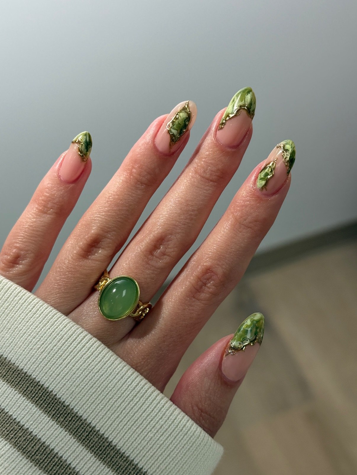 Earthy Green Abstract Swirl Almond Nails