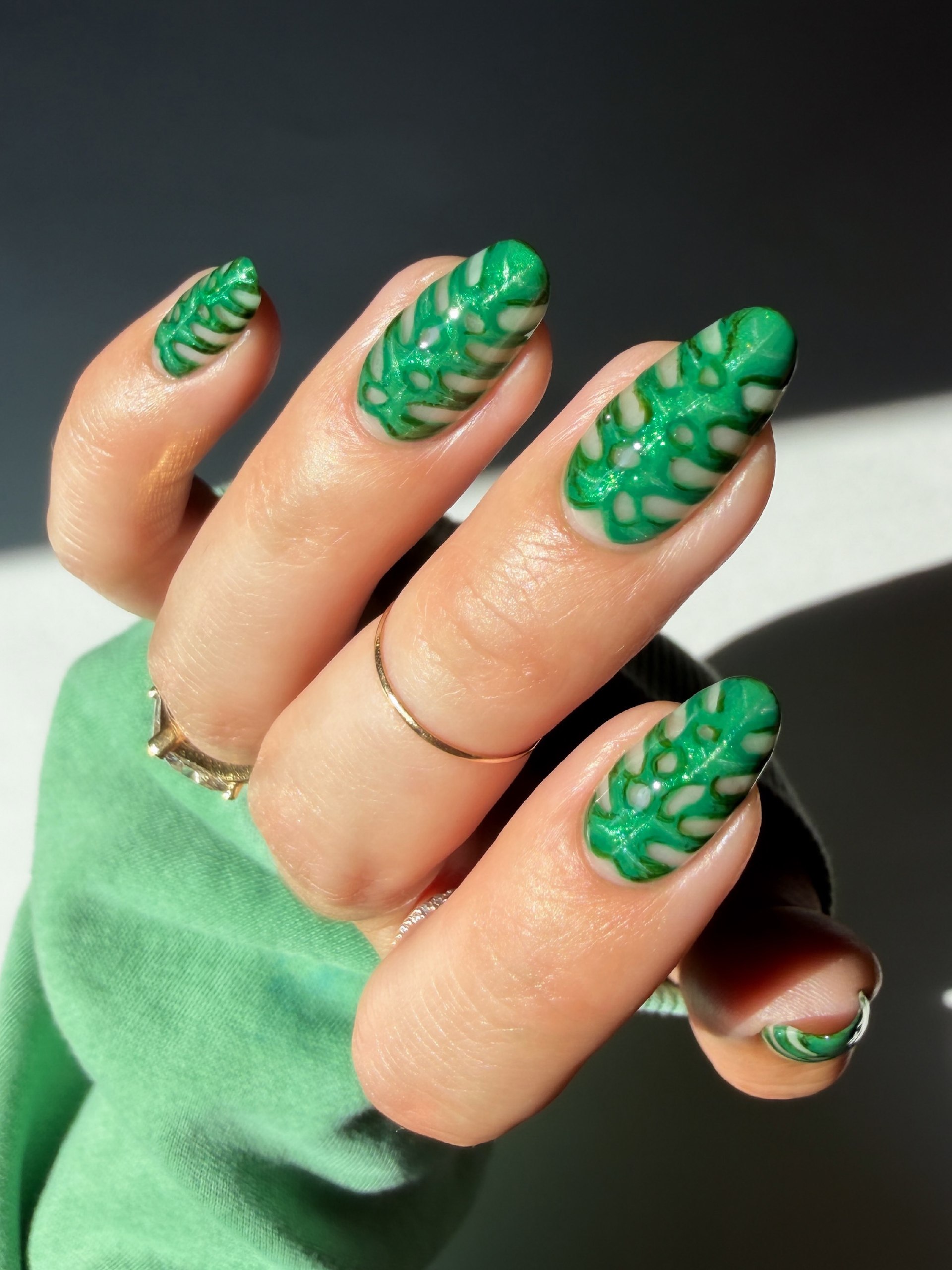 Emerald Green Leaf Print Almond Nails