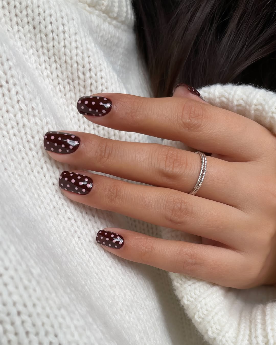 Chocolate Cherry Polka Dot Glossy Nails