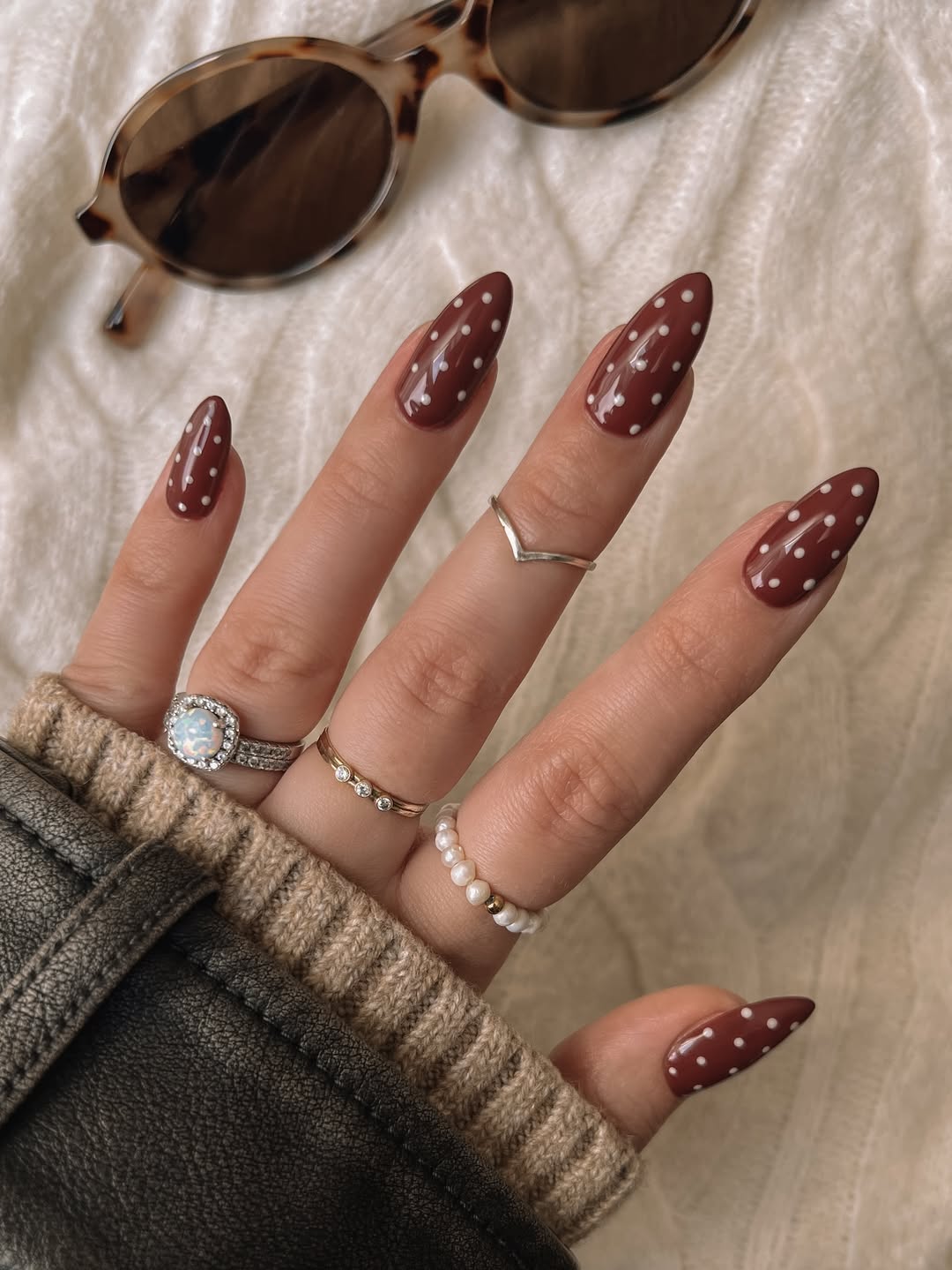 Polka Dot Stiletto Nails in Rich Burgundy