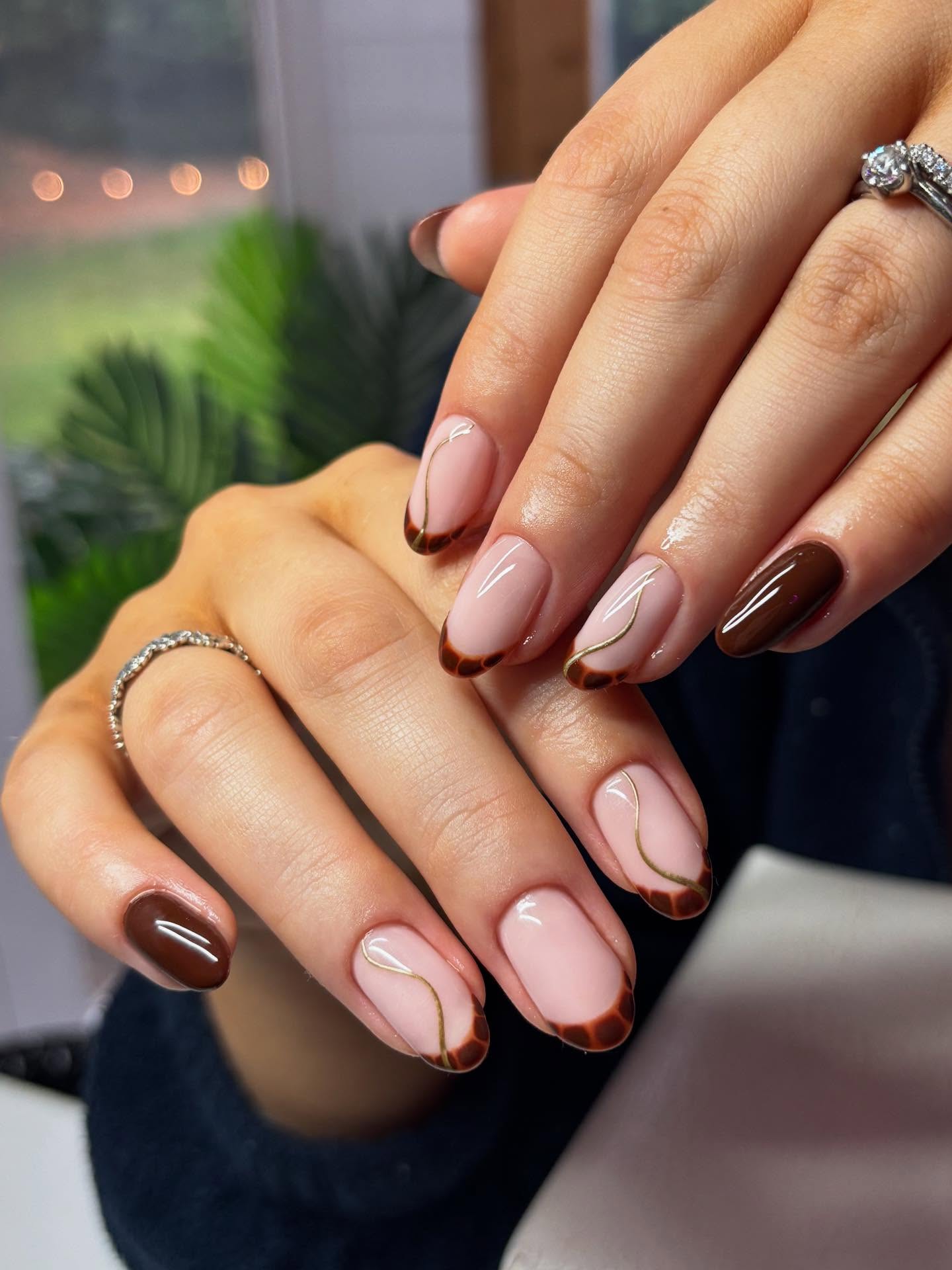 Chocolate Brown French Tip Aura Swirl Nails