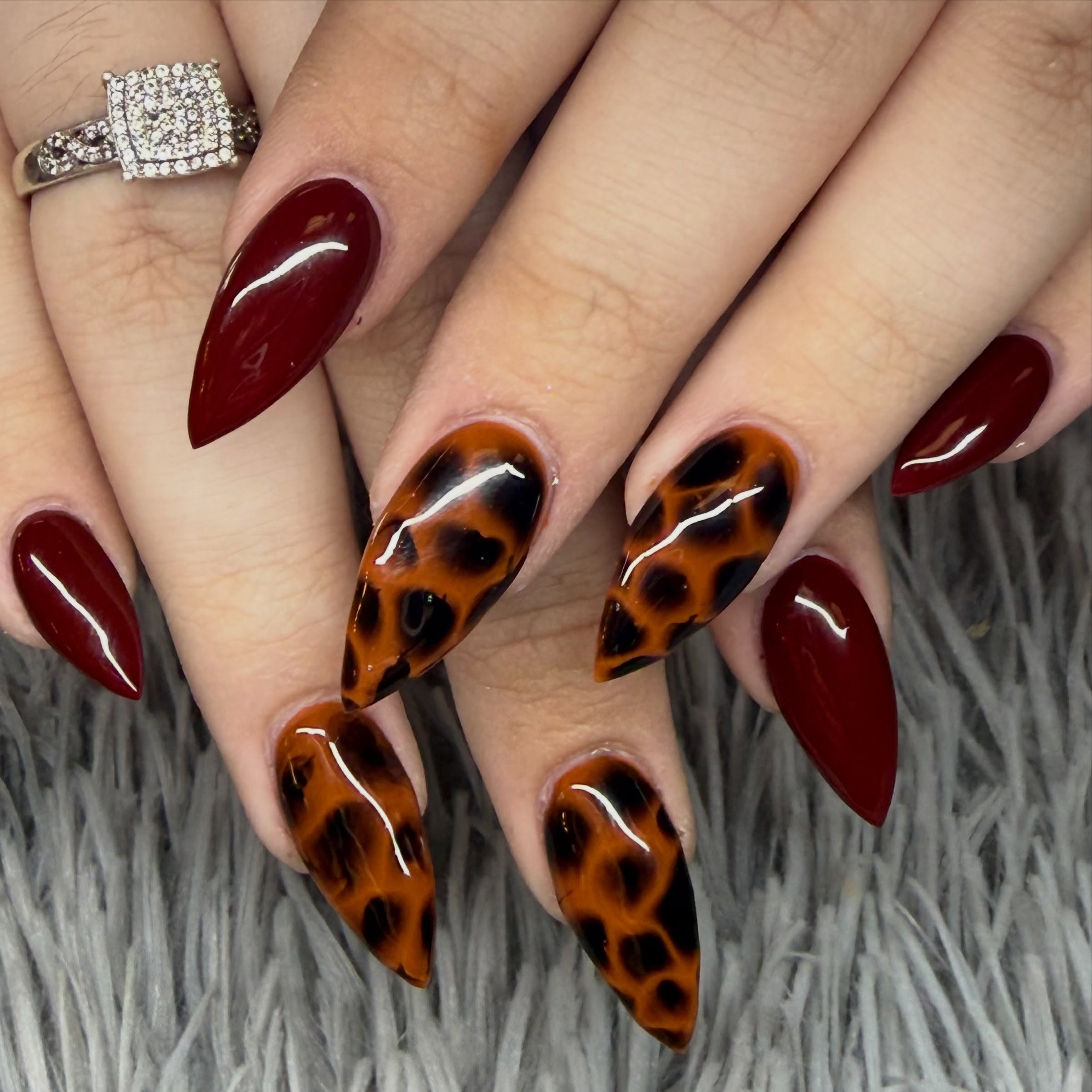 Rich Cherry Leopard Stiletto Nails