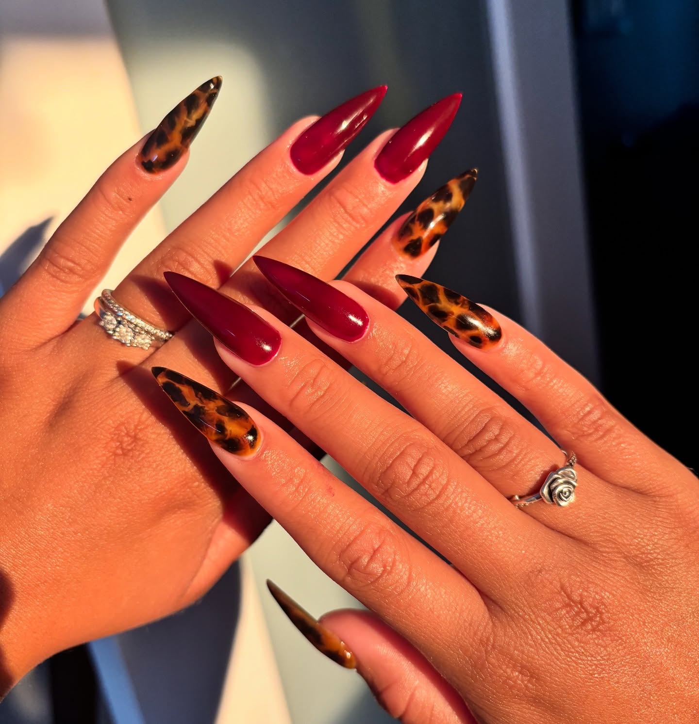 Rich Burgundy & Tortoiseshell Stiletto Nails
