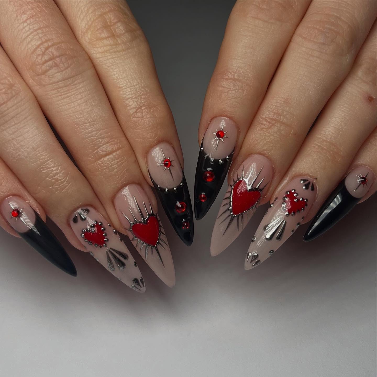 Gothic Heart Chrome Stiletto Nails