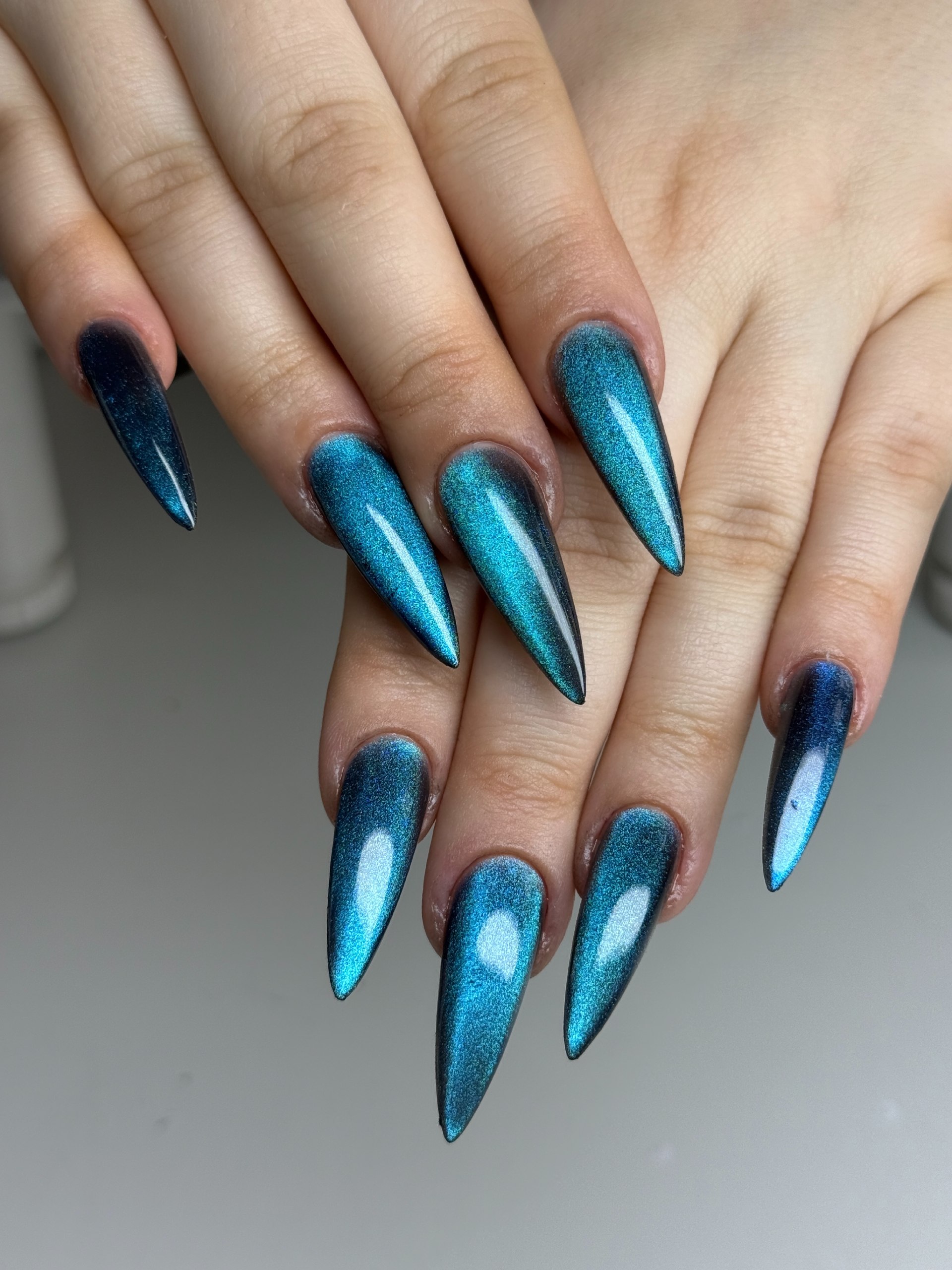 Deep Teal Cat Eye Stiletto Nails