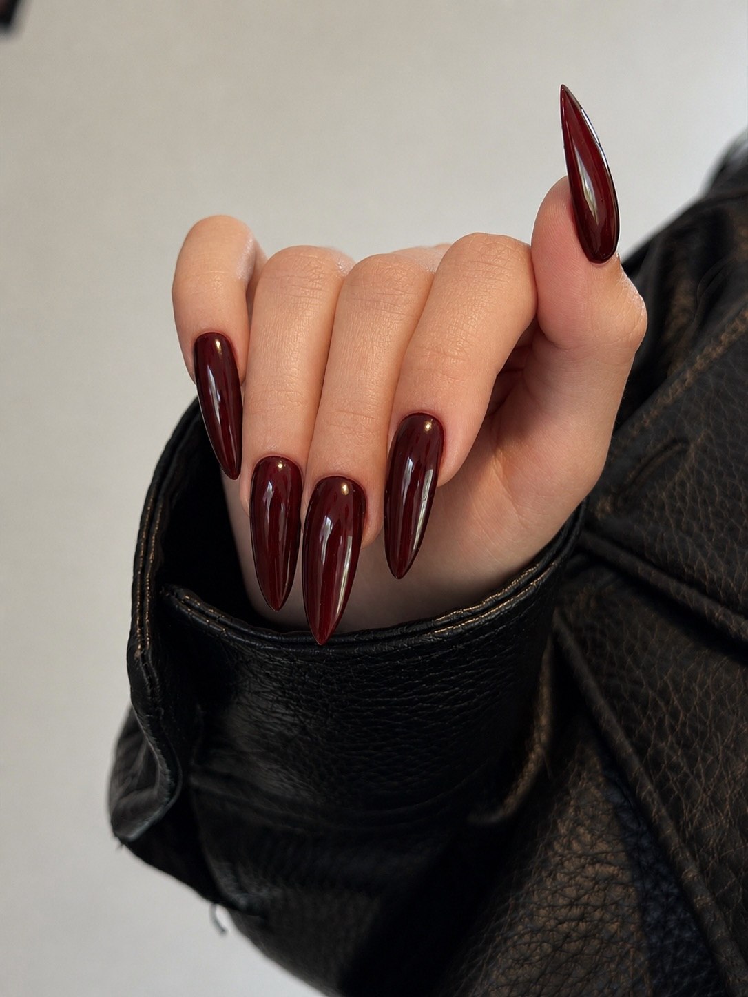 Deep Burgundy Glossy Stiletto Nails