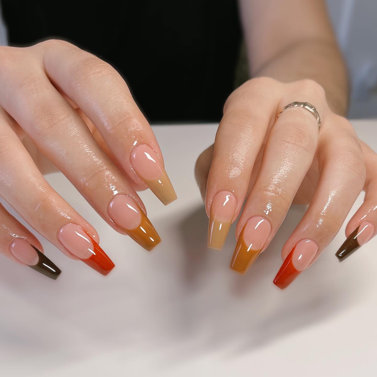 Autumn French Tip Coffin Nails in Warm Earth Tones