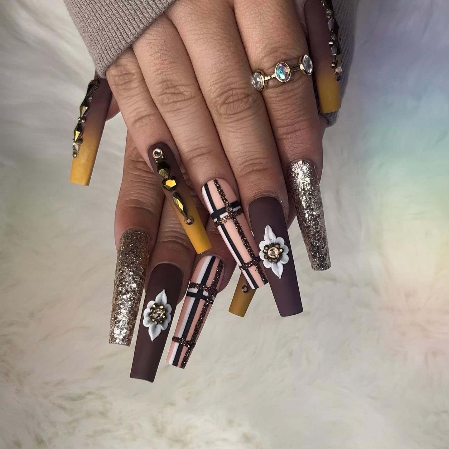 Matte Brown Plaid & Gold Glitter Coffin Nails