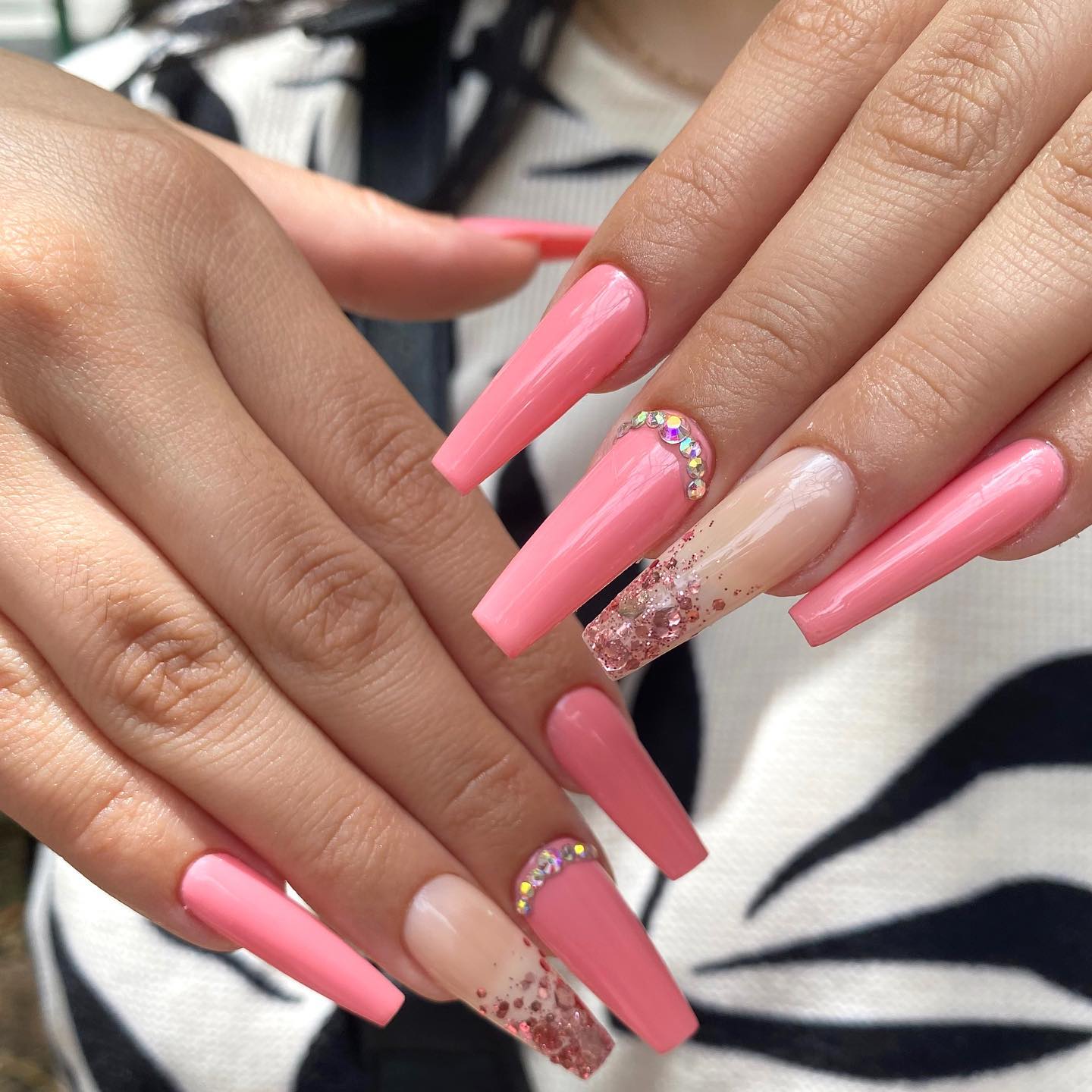 Pink Sparkle Rhinestone Coffin Nails