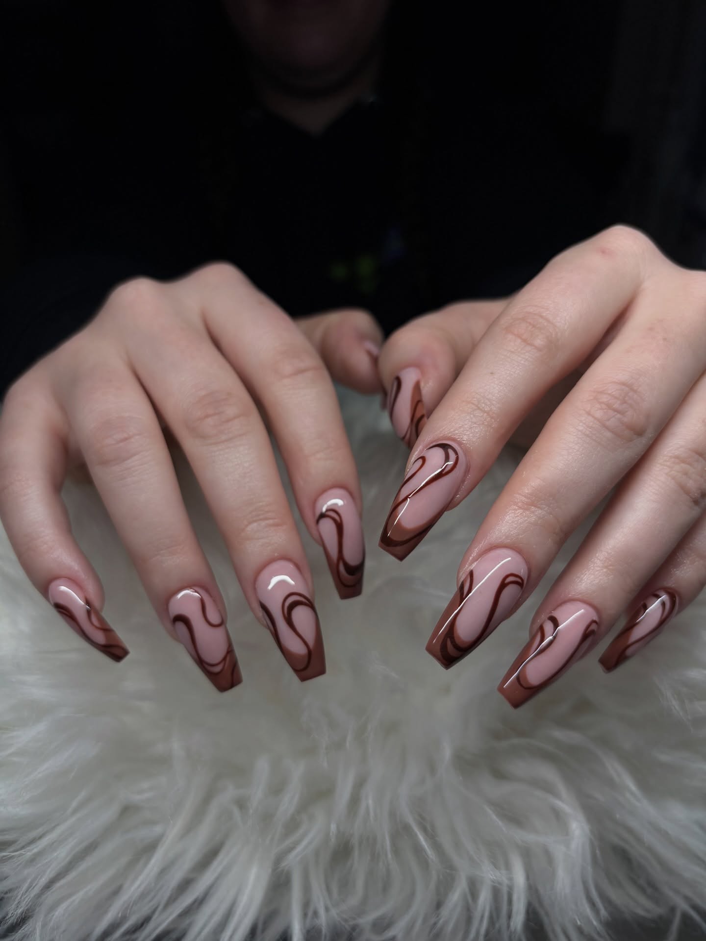 Chocolate Swirl French Tip Coffin Nails