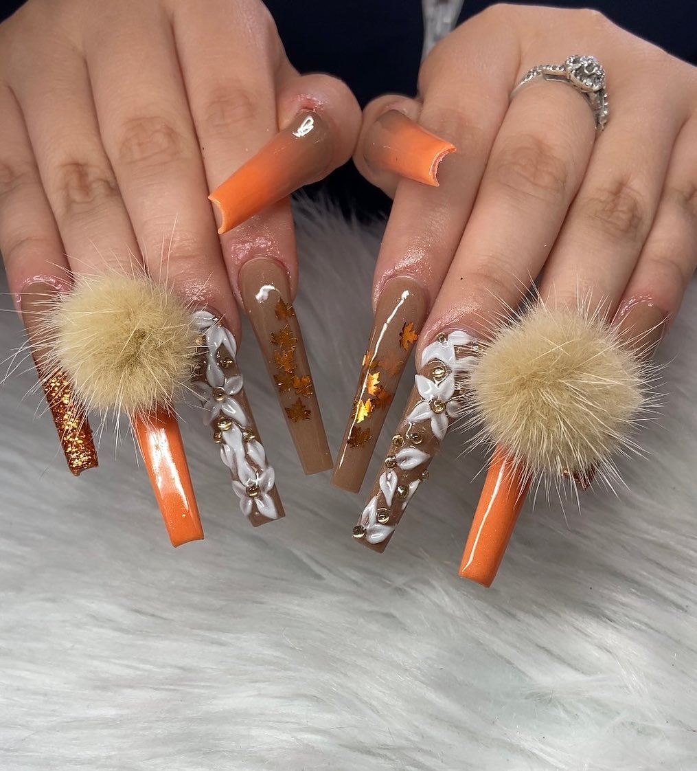 Cozy Fur Pom Pom Fall Ombre Coffin Nails