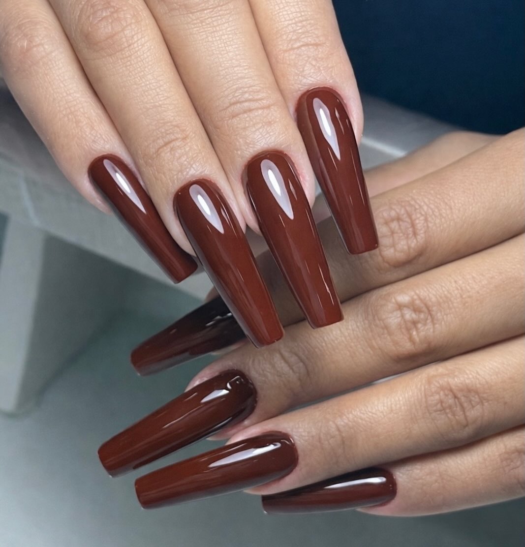 Rich Chocolate Brown Glossy Coffin Nails