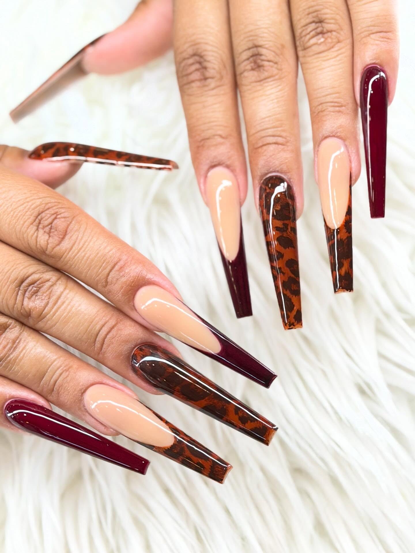 Leopard Print & Burgundy French Coffin Nails