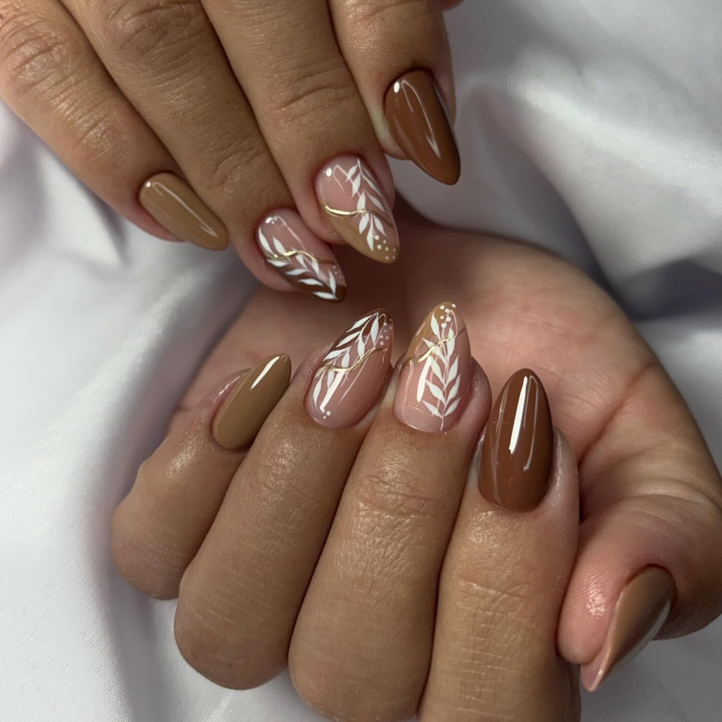 Brown Leaf Art Glossy Almond Nails