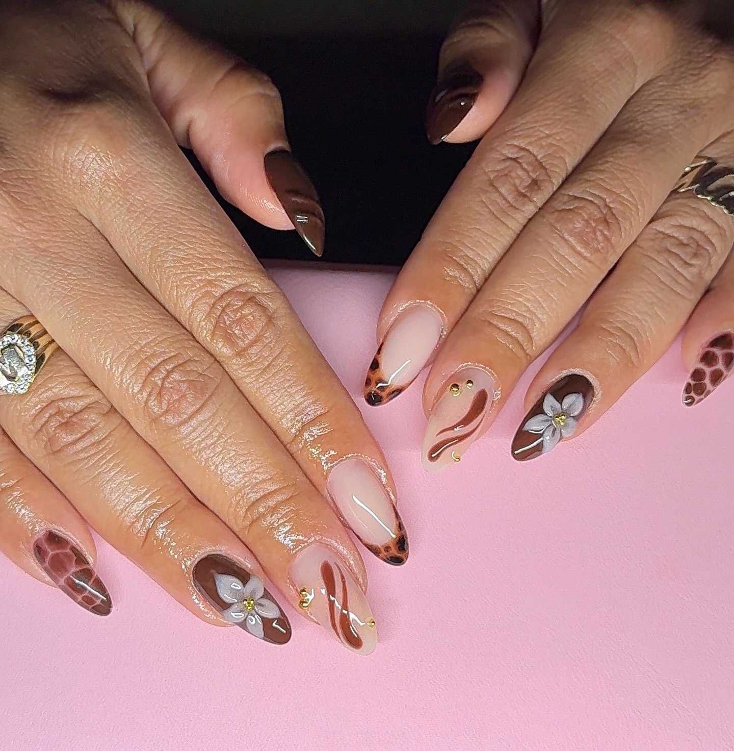 Autumnal Almond Nails With Swirls and 3D Flower