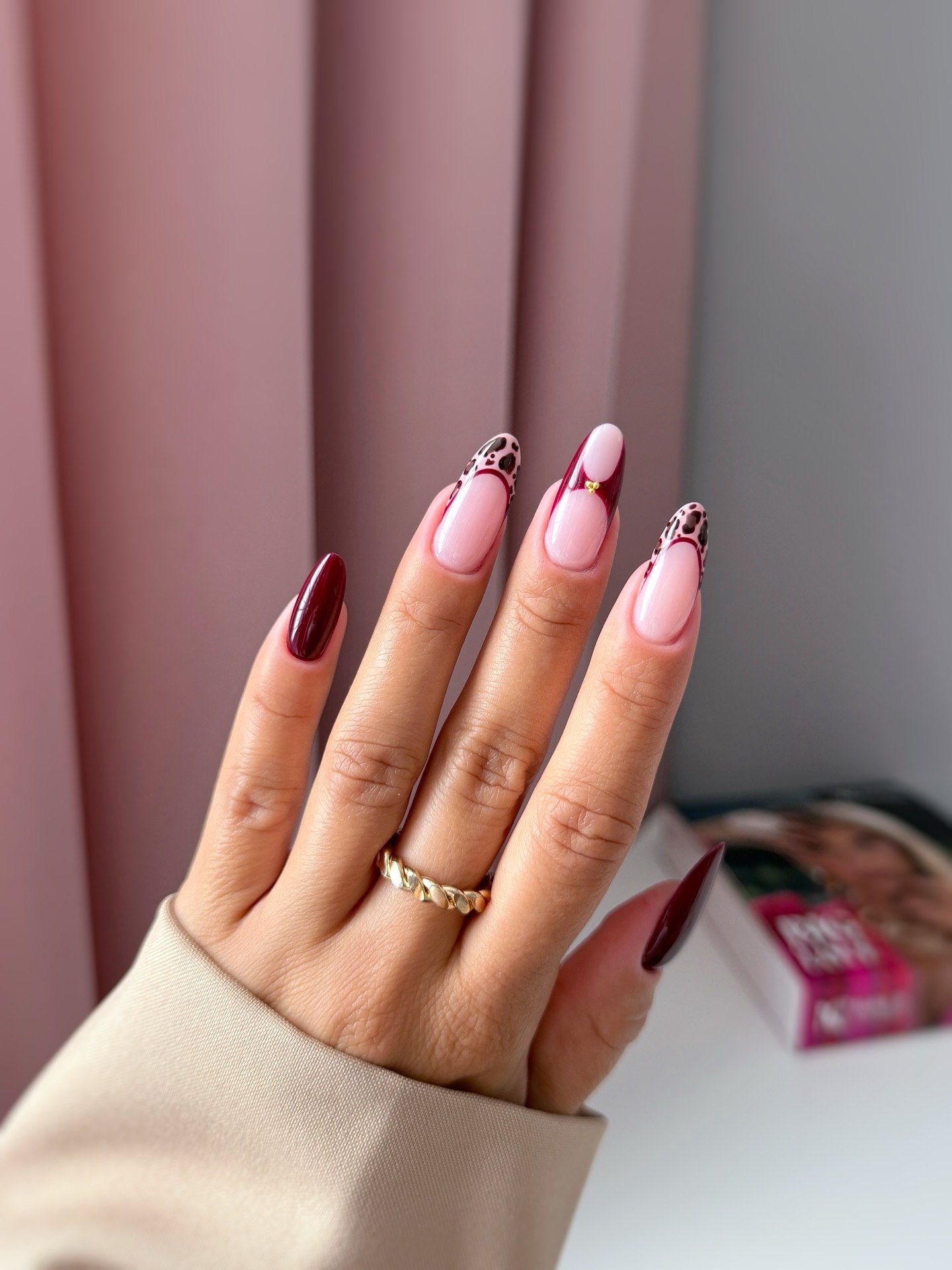 Burgundy Leopard French Almond Nails