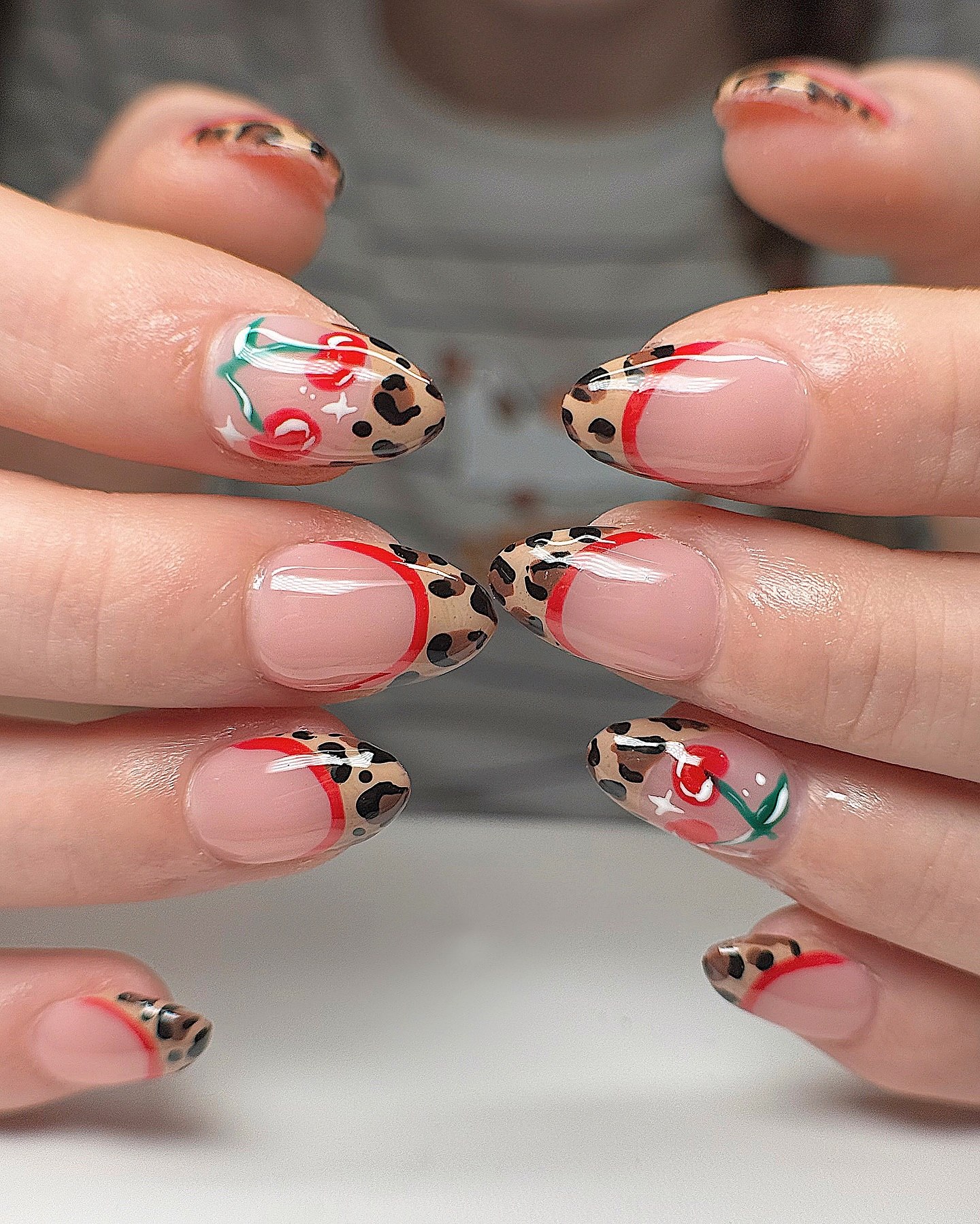 Cheeky Cherry Leopard French Almond Nails