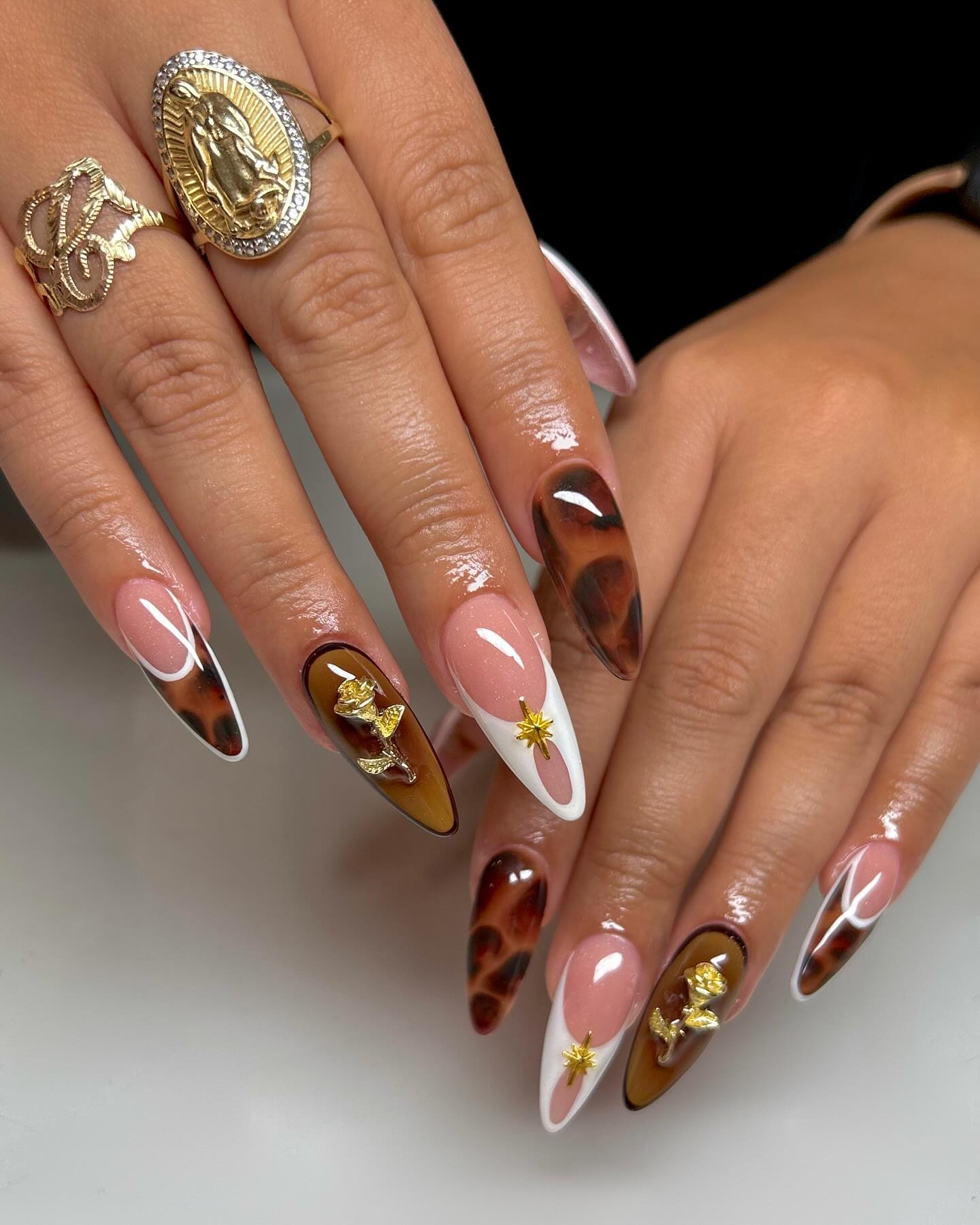 Leopard Print & Gold Rose Almond Nails