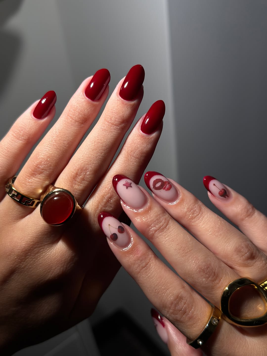 Deep Red French Tip Cherry Charm Nails