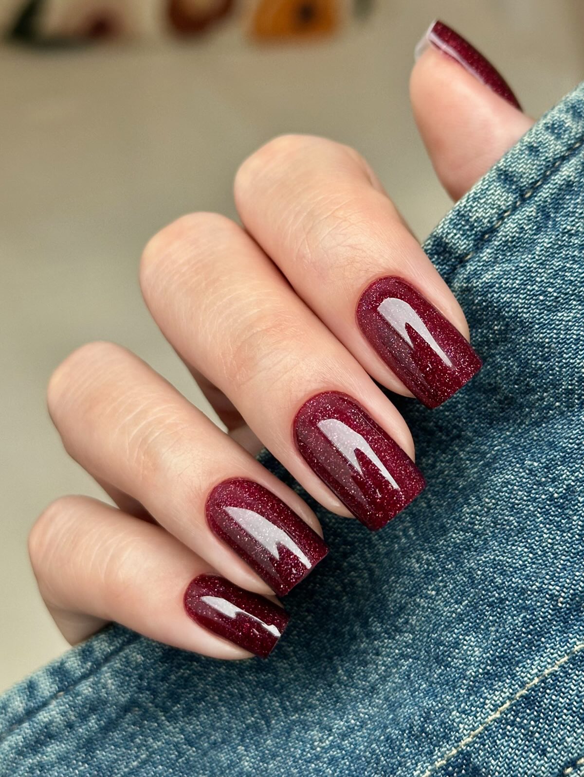 Deep Cherry Red Sparkle Square Nails
