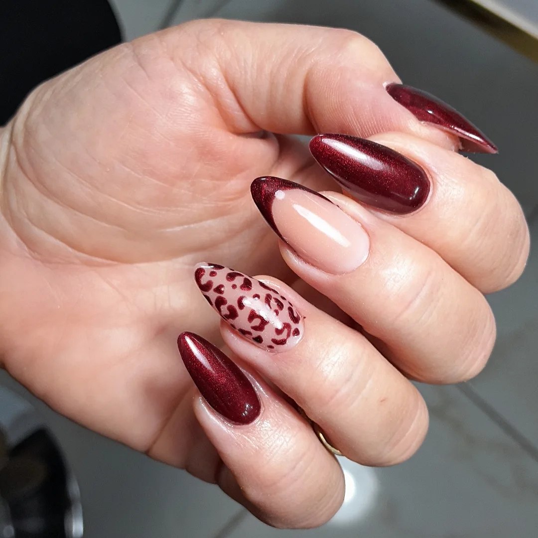 Chic Burgundy Red Leopard French Tips