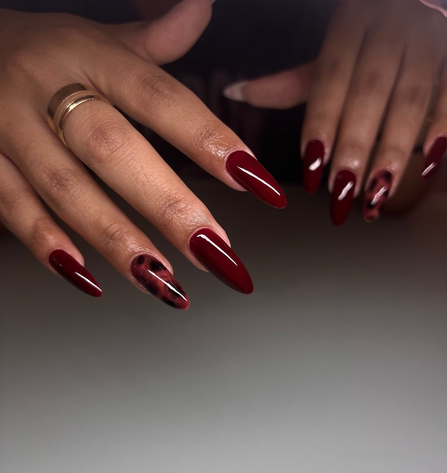 Deep Red Tortoiseshell Almond Nails