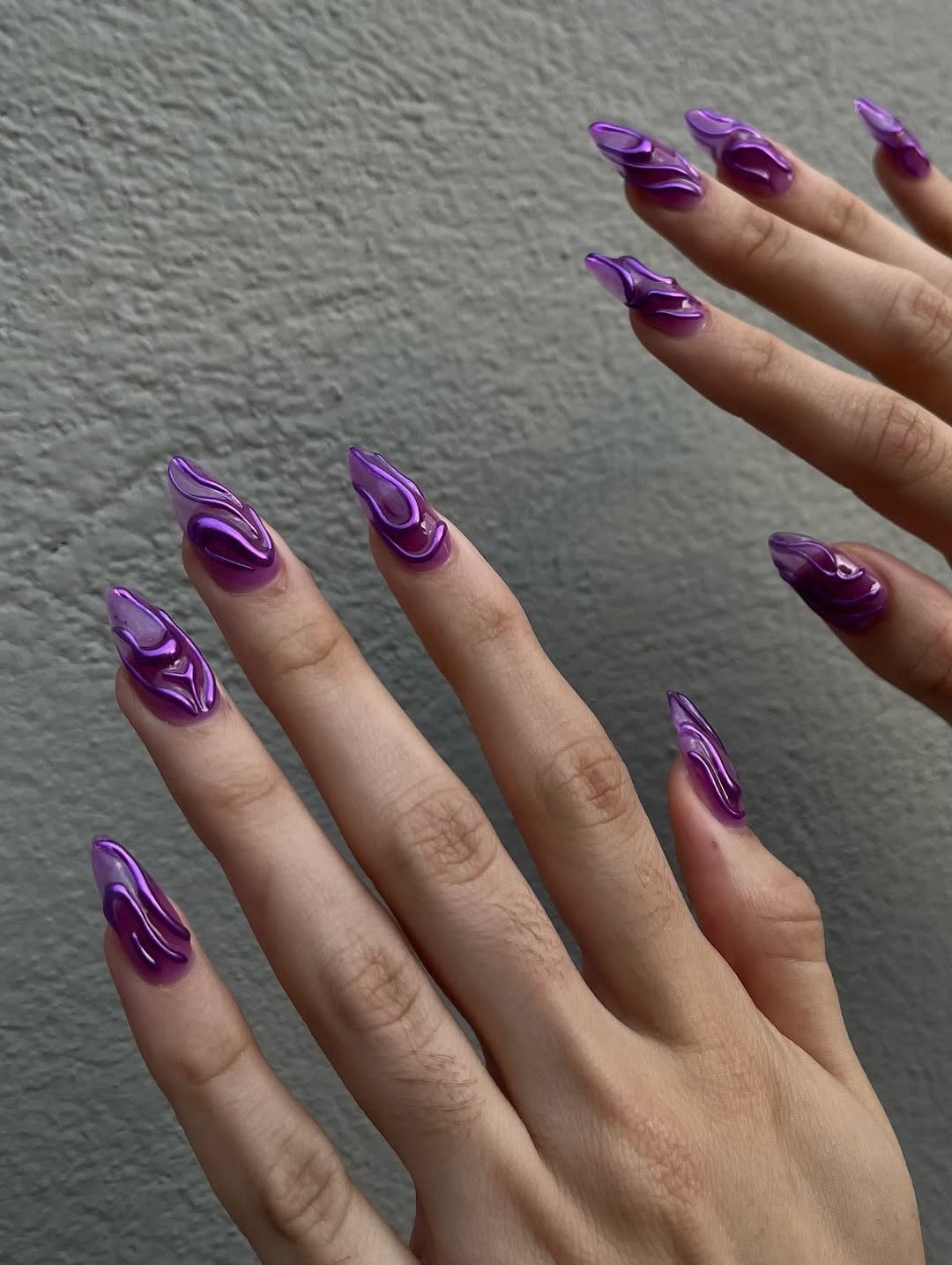 Glossy Deep Purple Flame Stiletto Nails