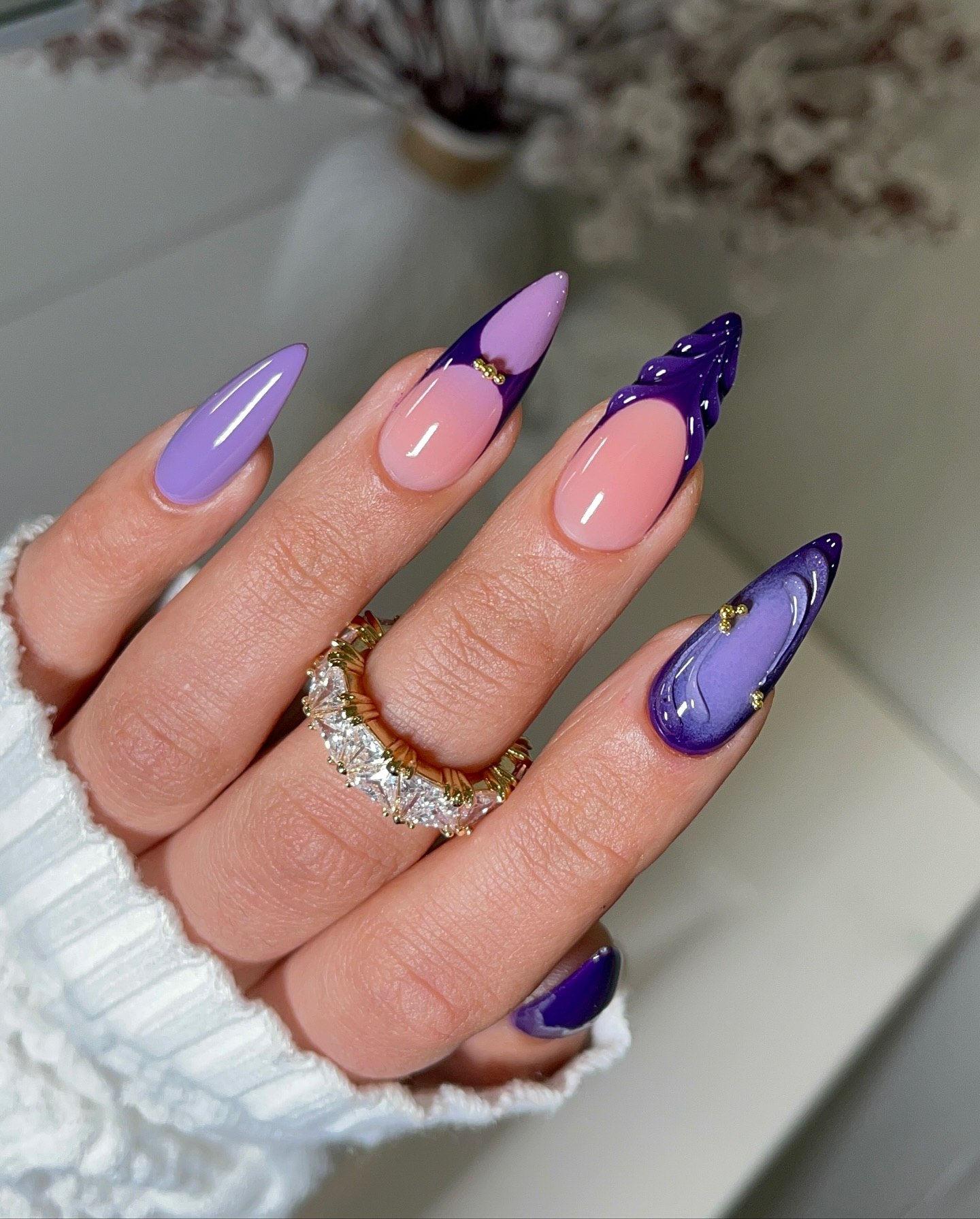 Purple Ombre Aura French Tip Stiletto Nails