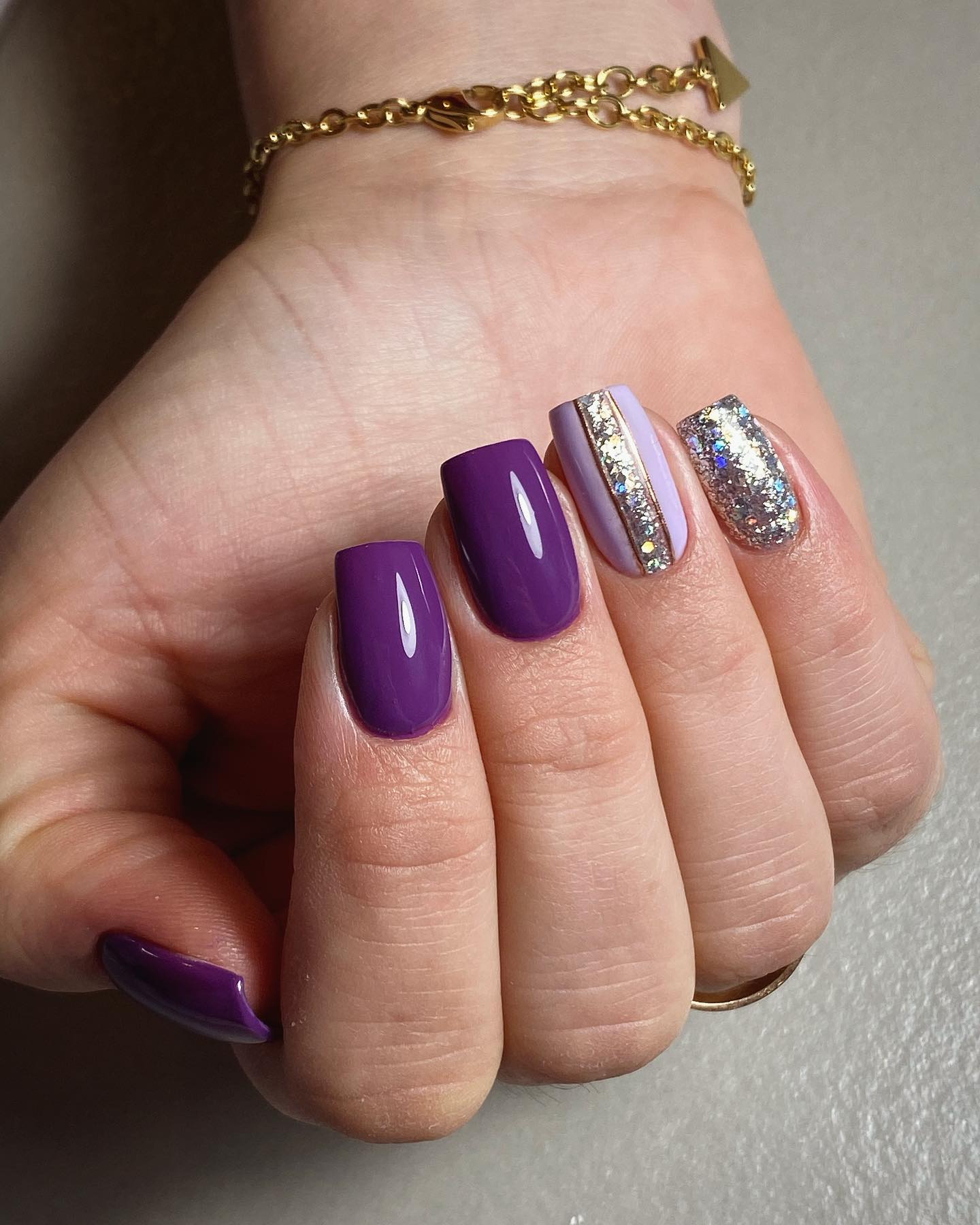 Rich Amethyst Square Nails with Silver Glitter