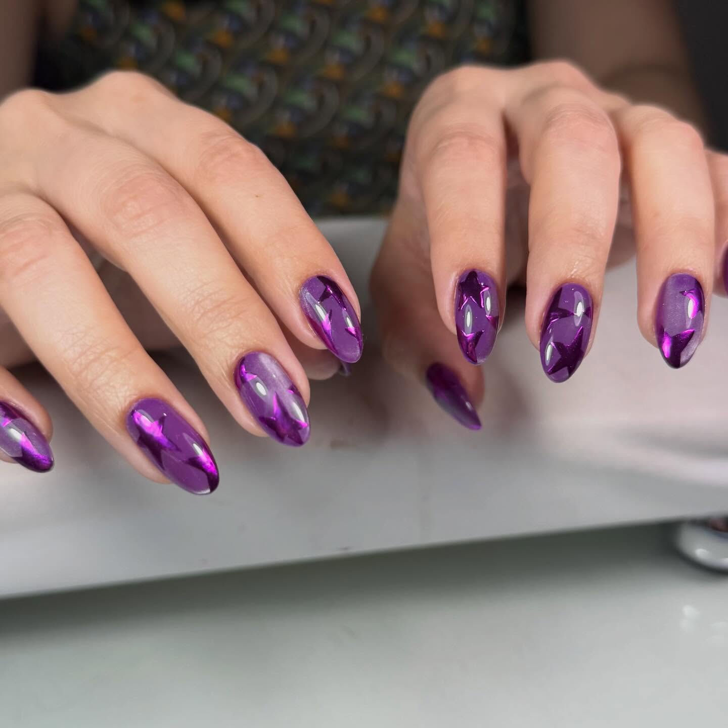 Electric Purple Mirror Chrome Star Nails