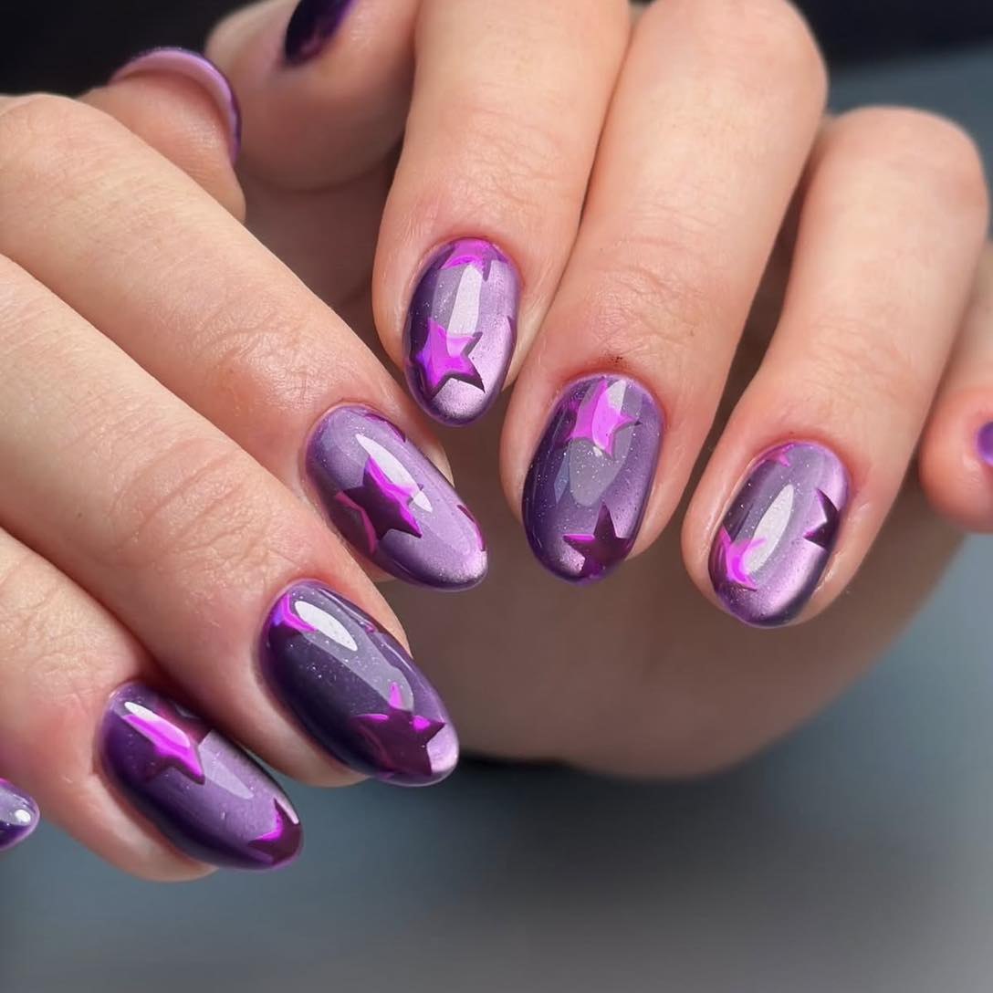 Purple Star Chrome Oval Nails