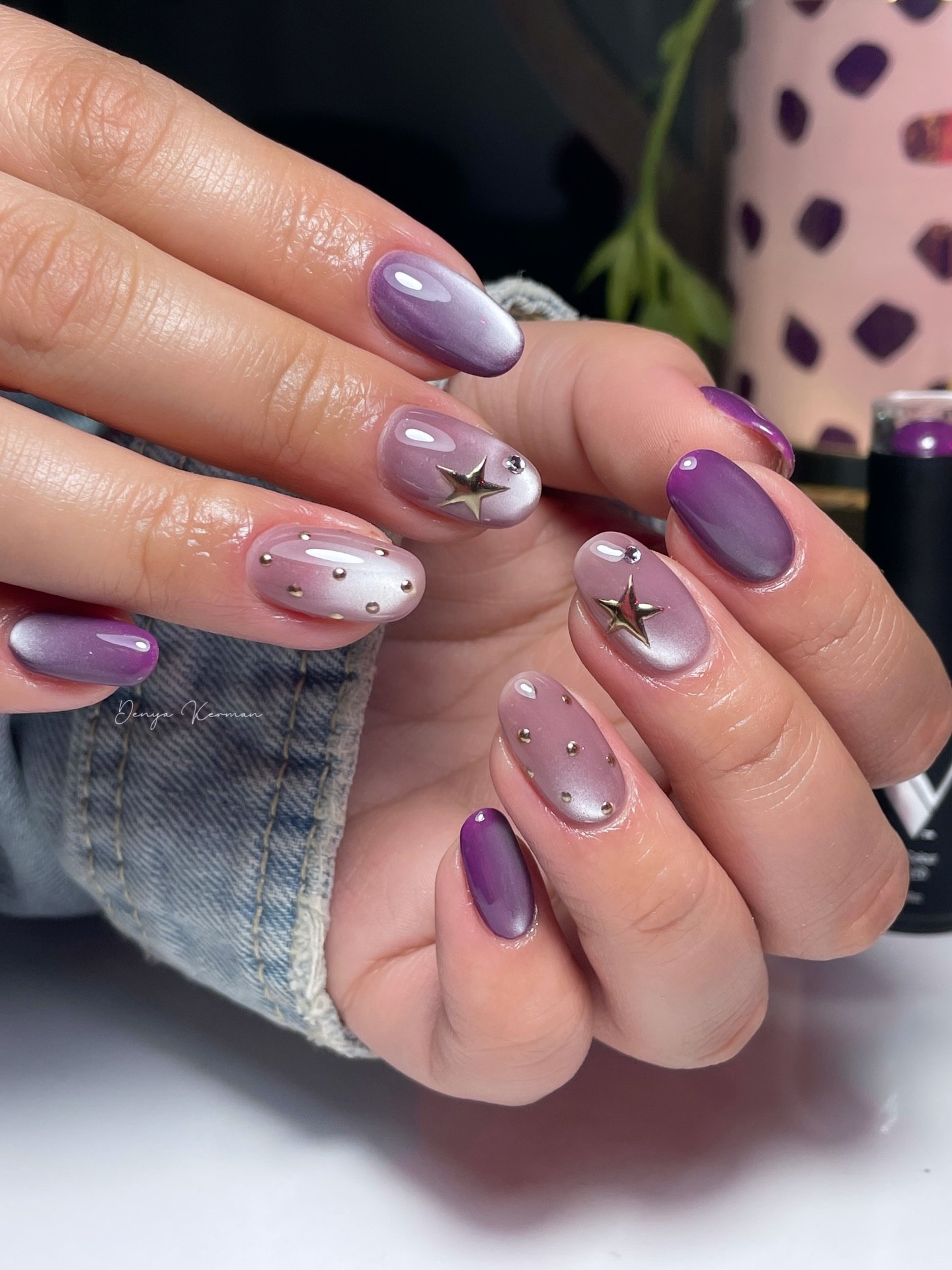 Purple Ombre Cat Eye Oval Nails with Stars