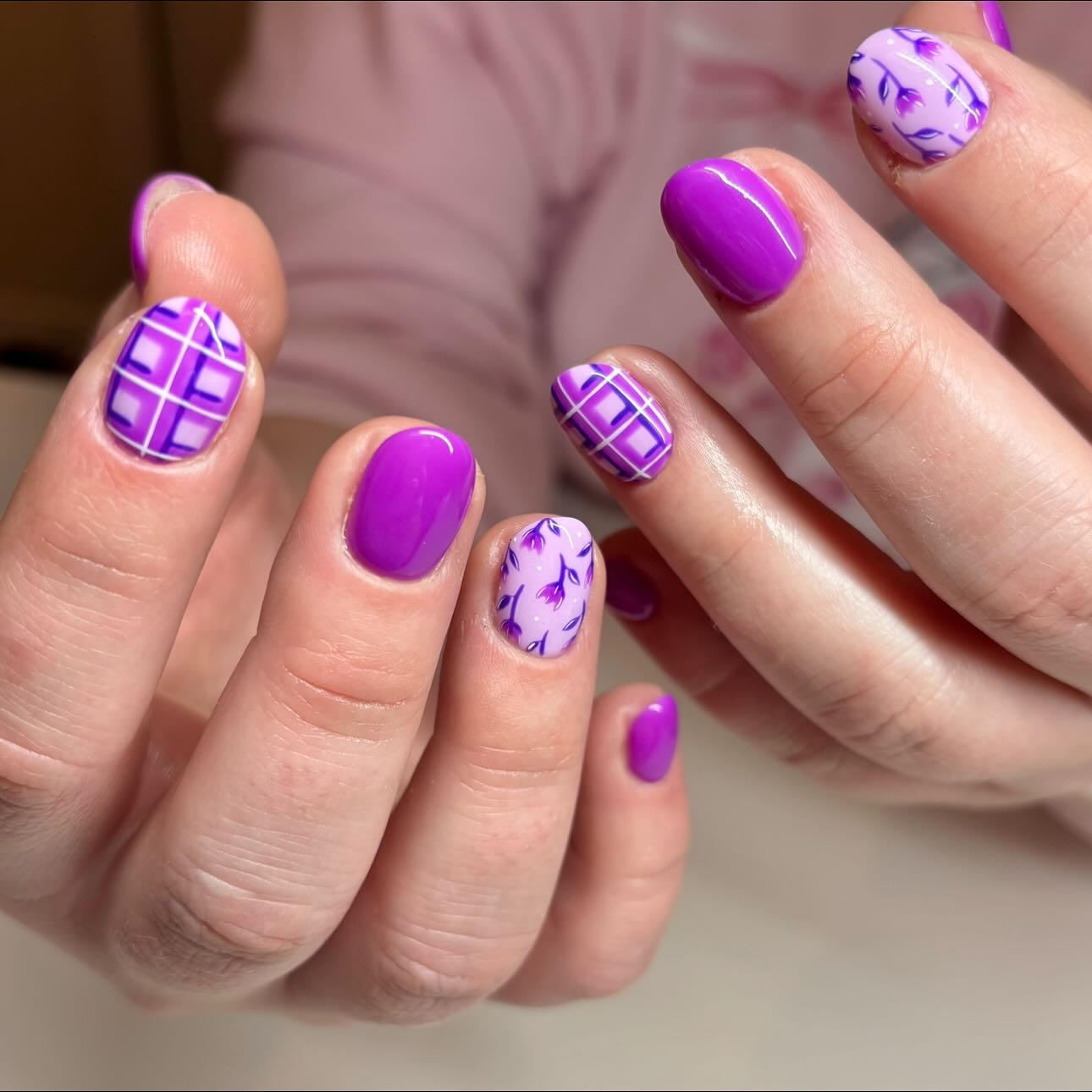 Purple Plaid and Floral Oval Nails