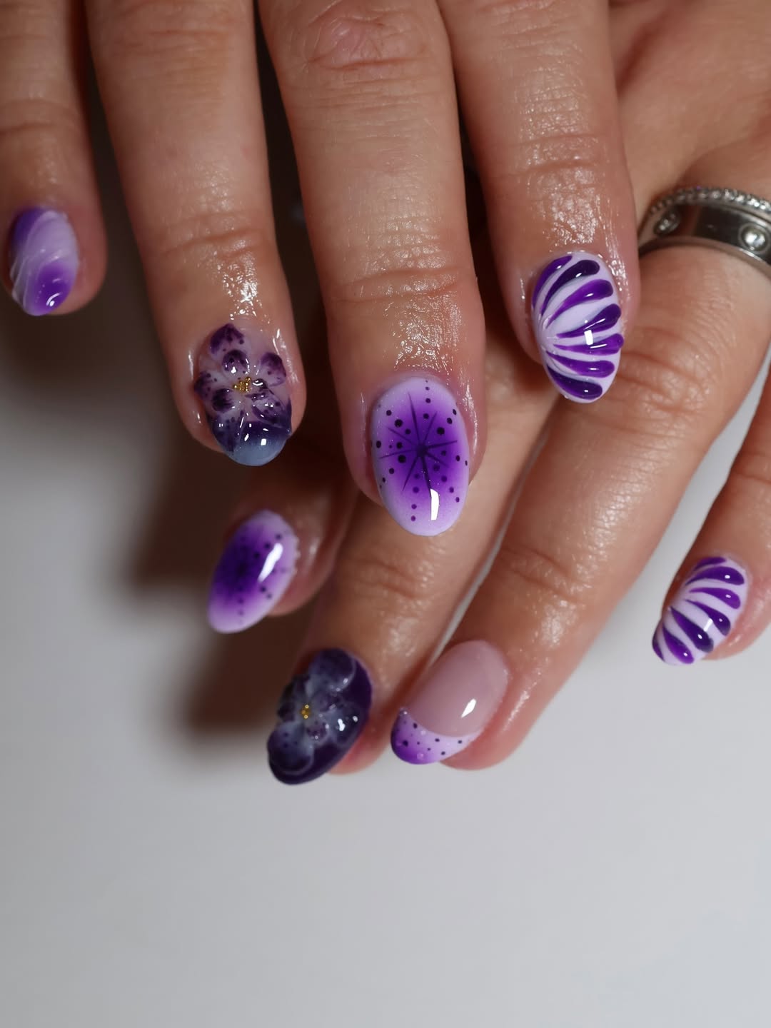 Ombre Purple Floral French Tip Nails