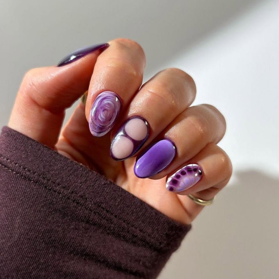 Purple Swirls and Ombre Abstract Almond Nails