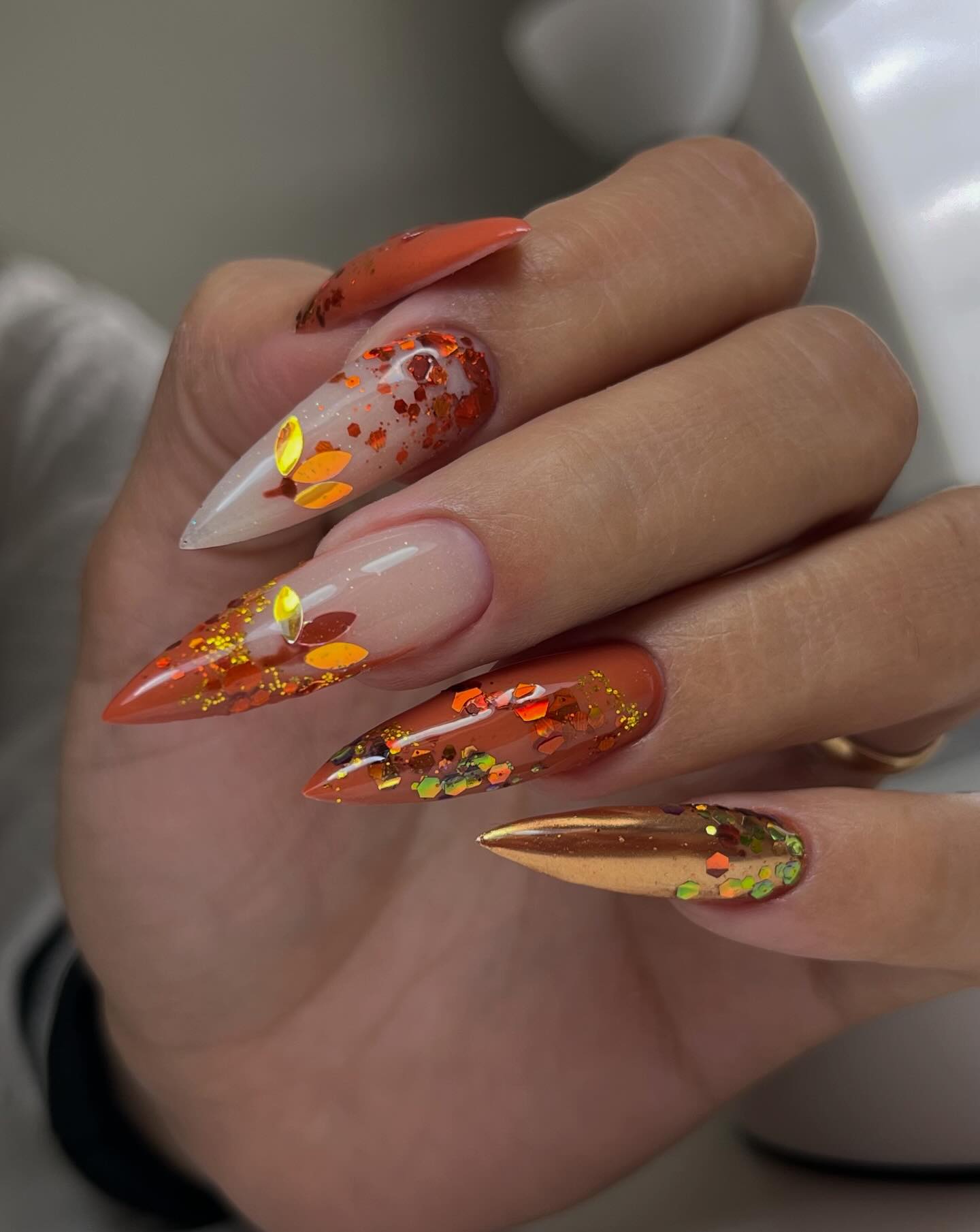 Orange Fall Leaf Glitter Stiletto Nails