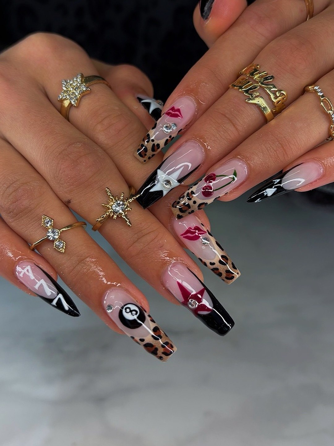 Playful French Tip Coffin Nails with Charms