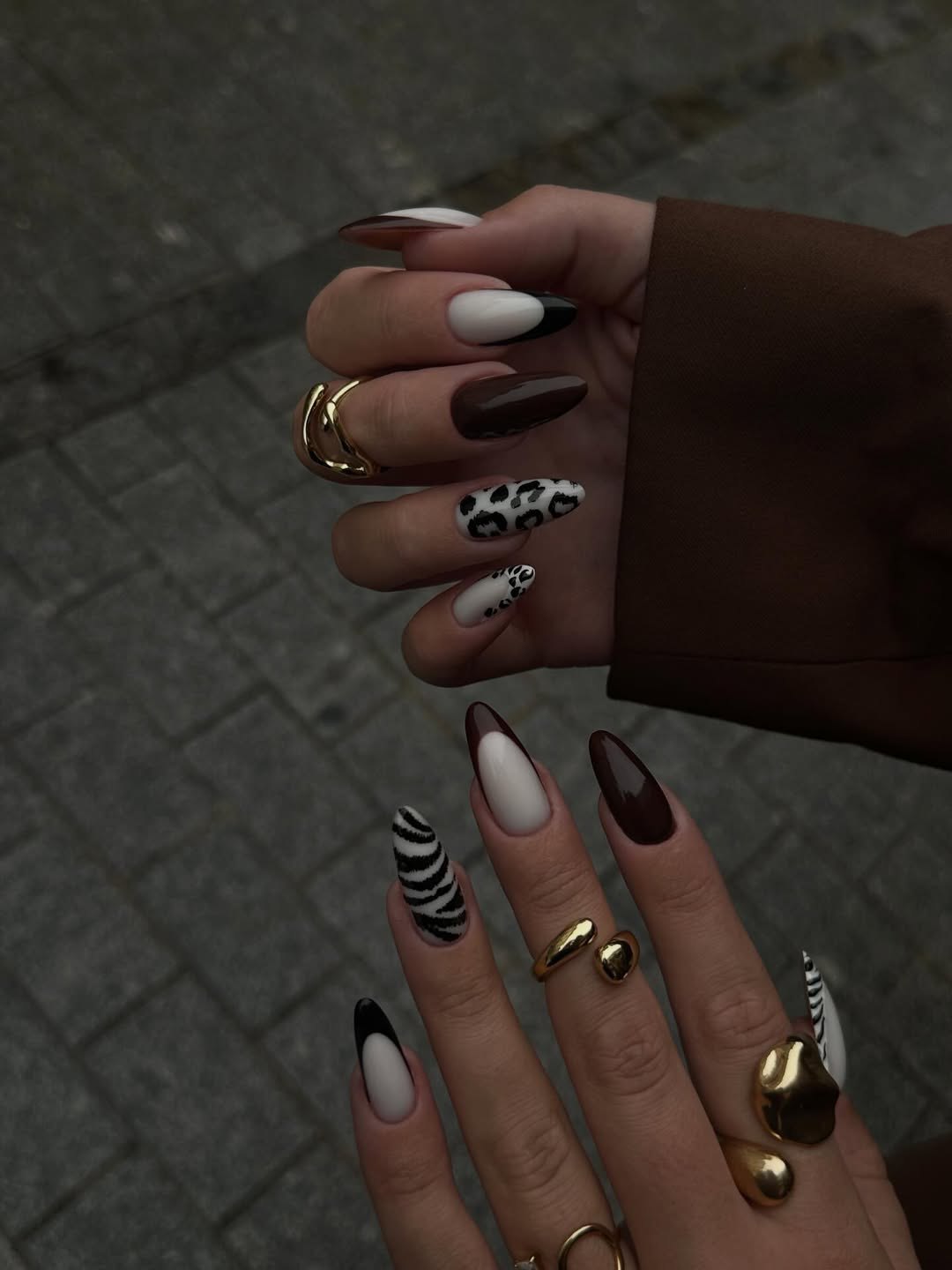 Chocolate Leopard & Zebra French Almond Nails