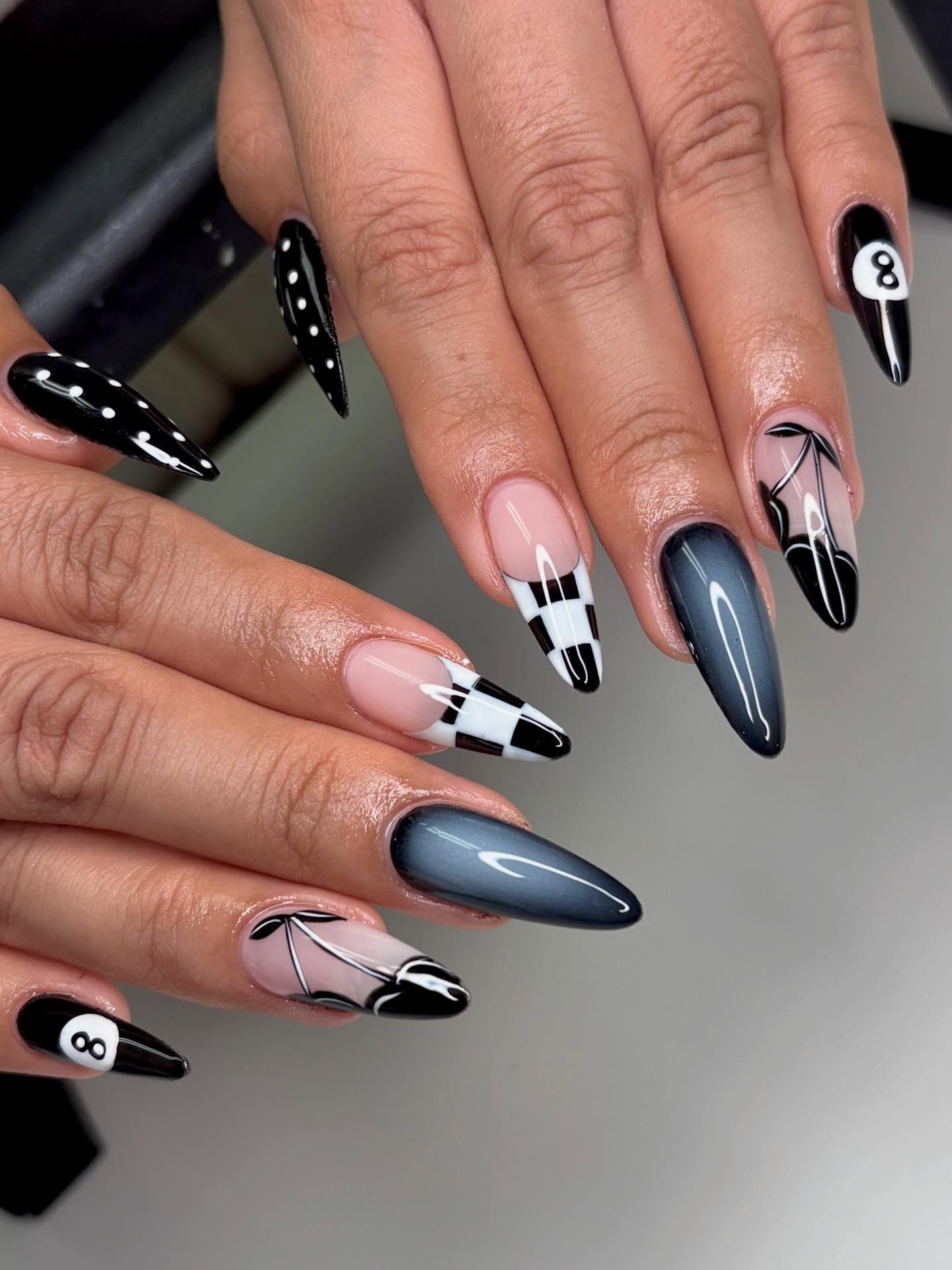 Black & White Checkerboard Cherry French Tips