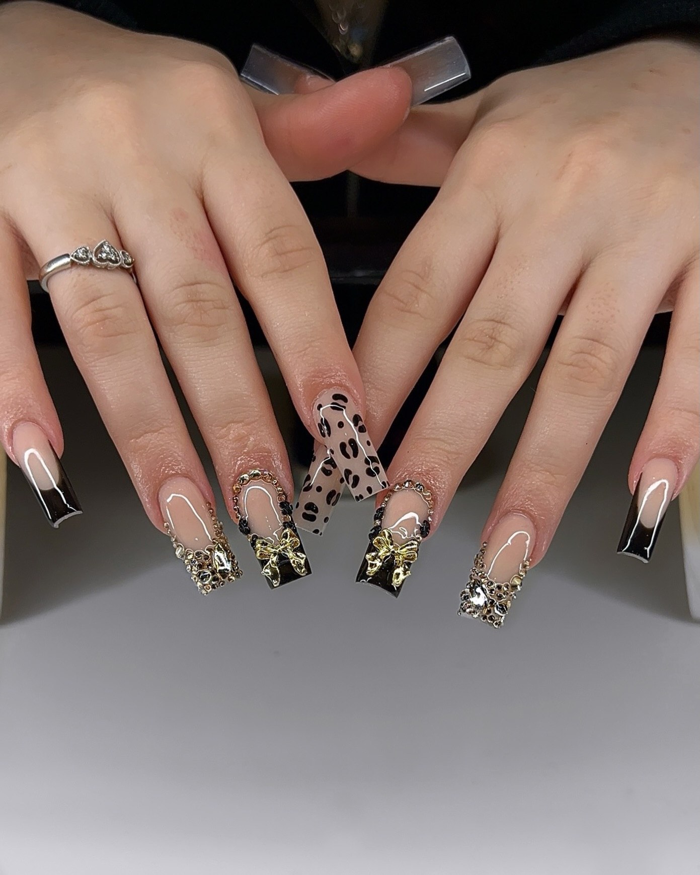 Leopard Print Rhinestone Bow French Tips