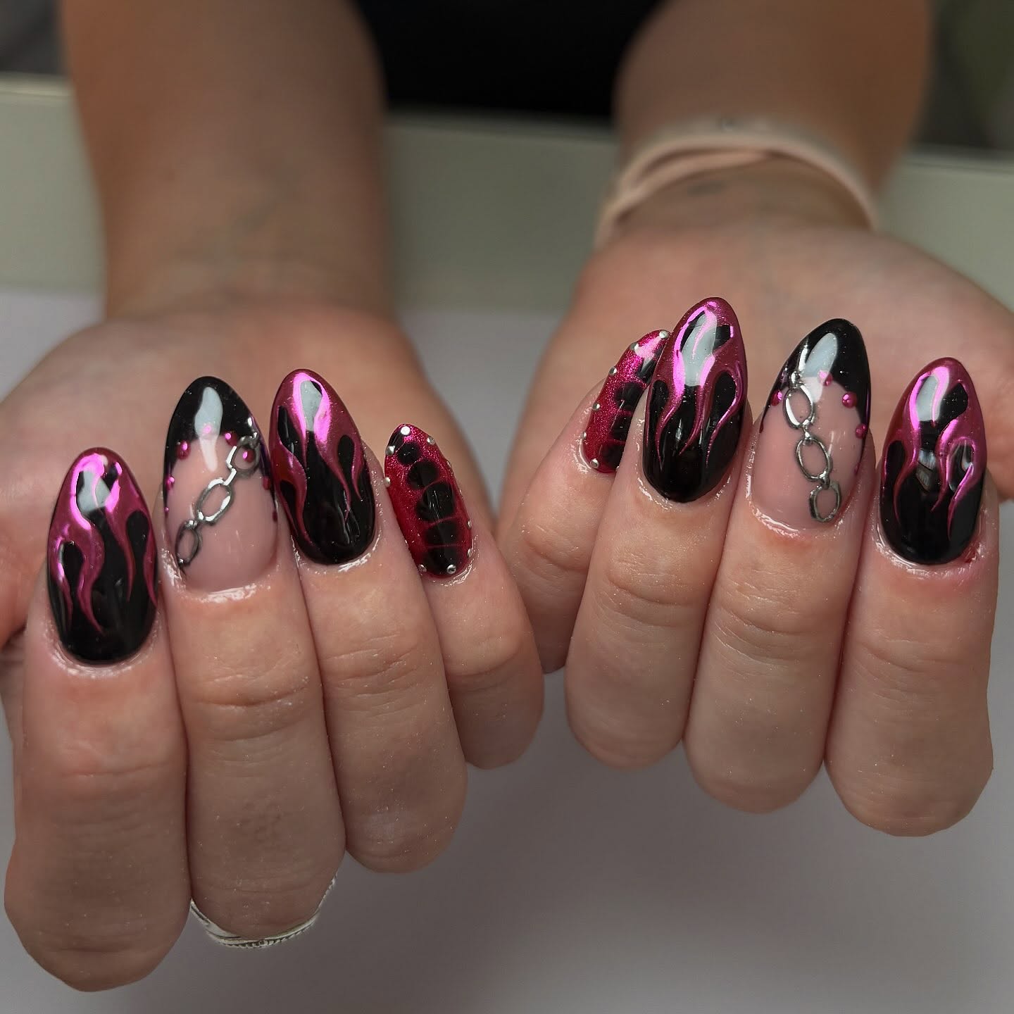 Hot Pink Chrome Flame Aura Nails