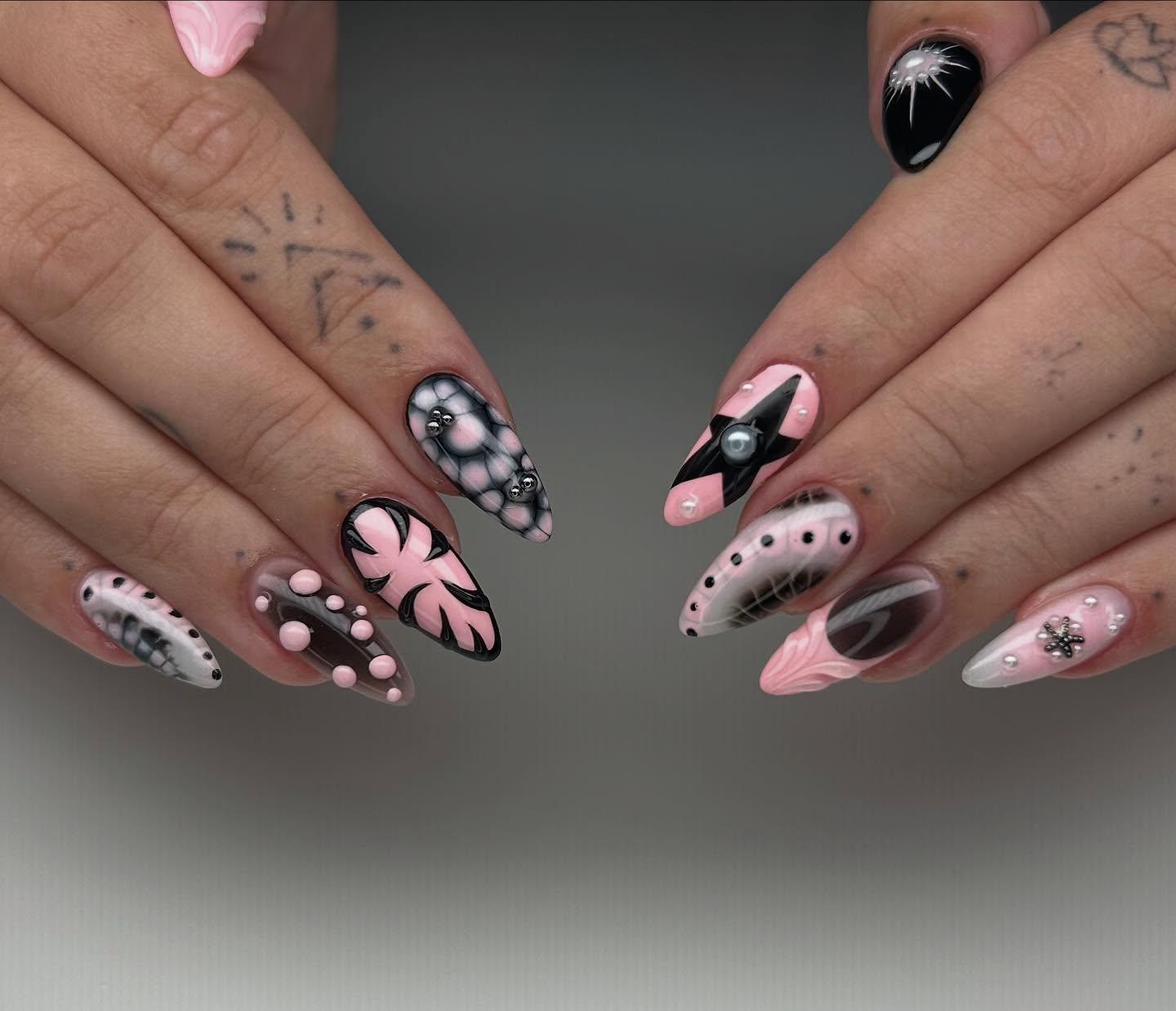 Pink and Black Abstract 3D Nail Art