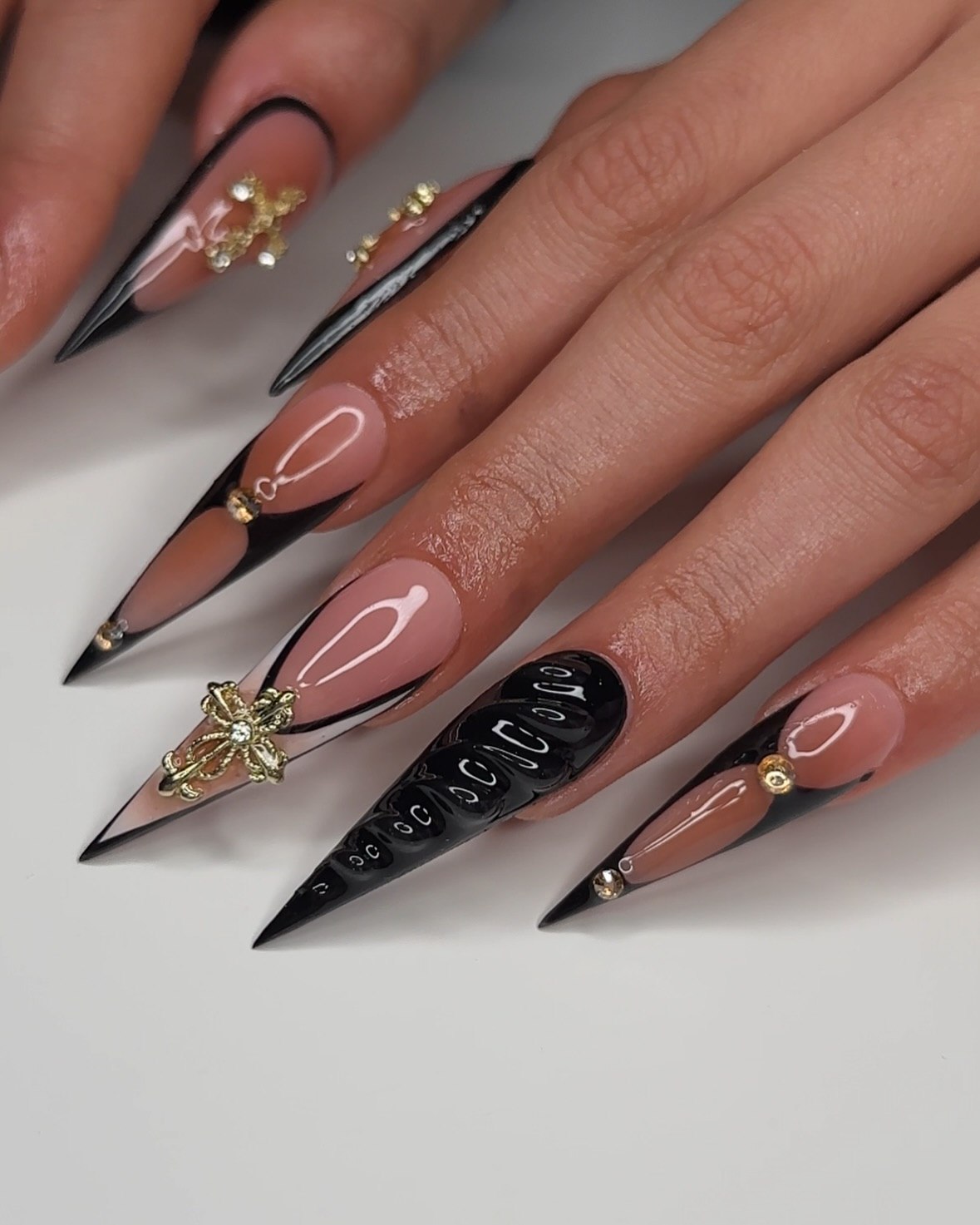 Black & Nude Baroque Stiletto Nails