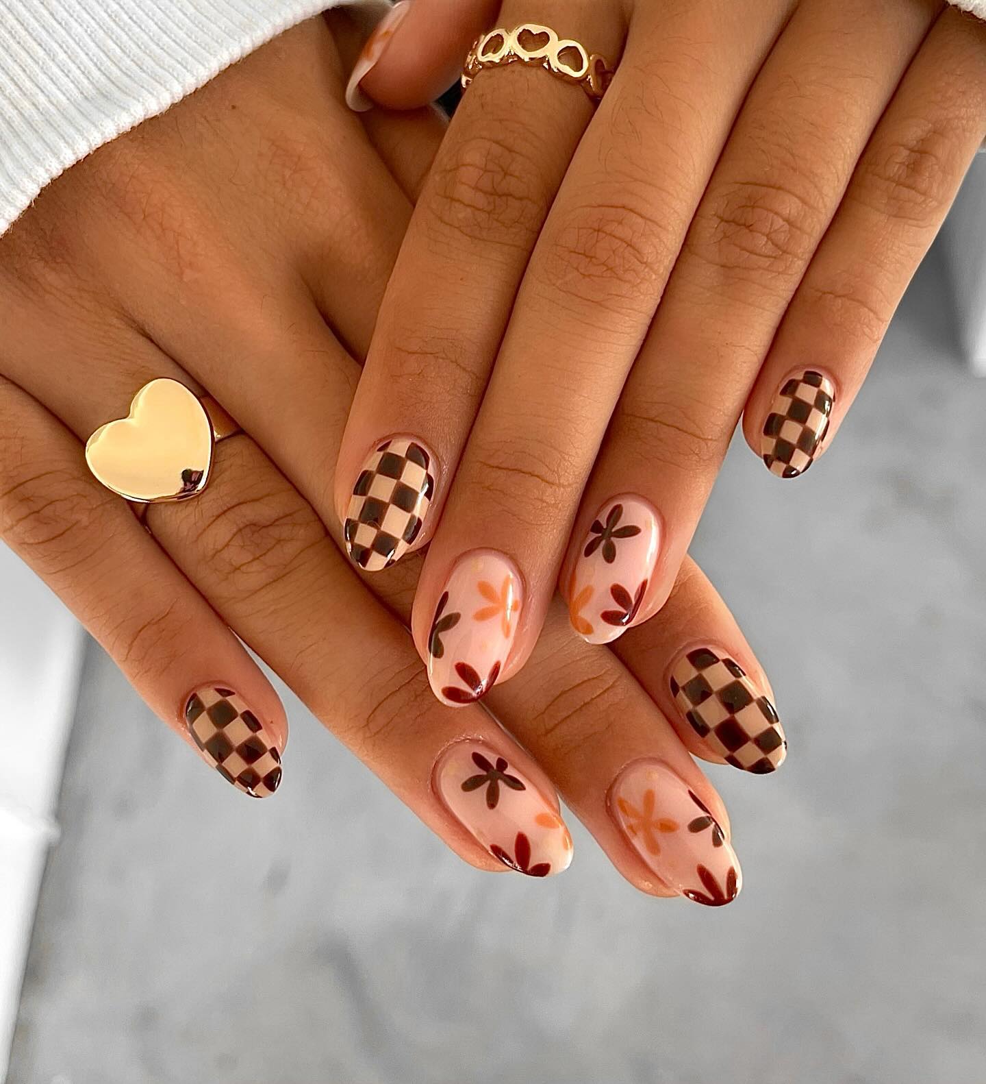 Checkerboard Floral Mix Almond Nails